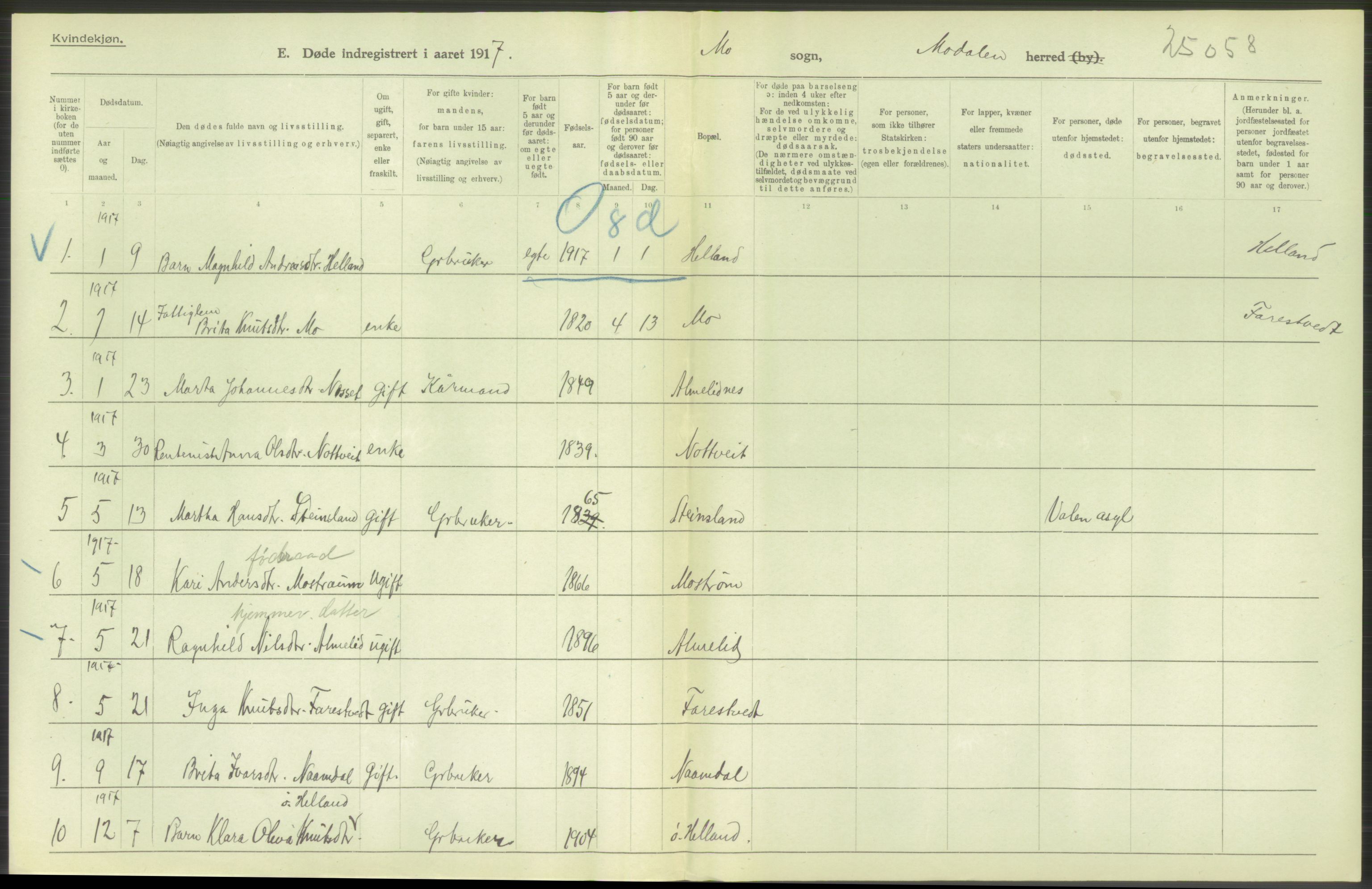 Statistisk sentralbyrå, Sosiodemografiske emner, Befolkning, RA/S-2228/D/Df/Dfb/Dfbg/L0036: S. Bergenhus amt: Døde, dødfødte. Bygder., 1917, p. 342