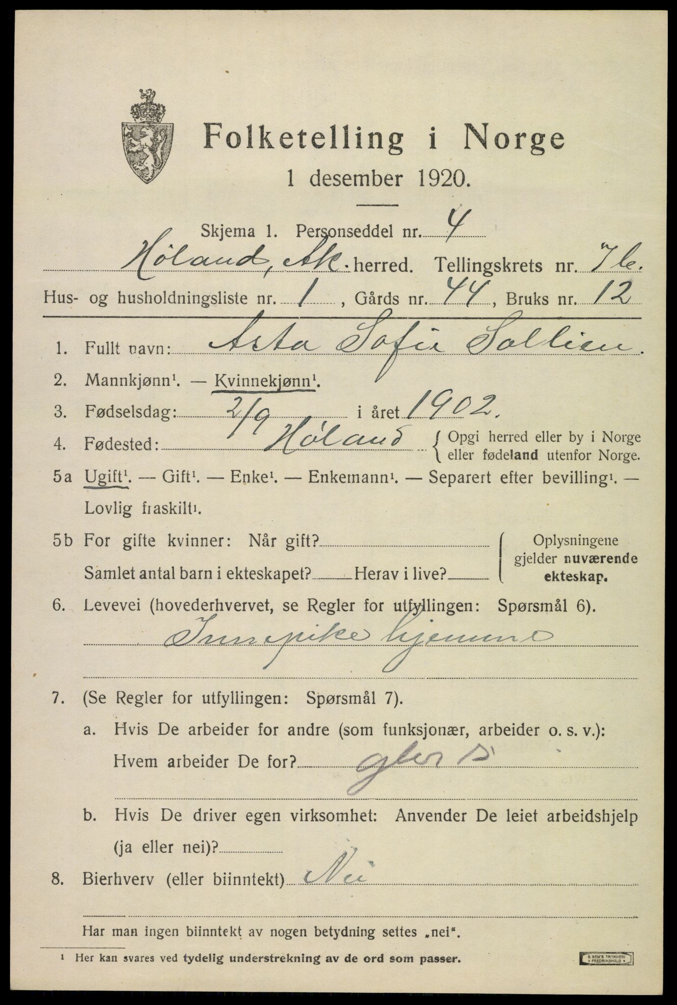 SAO, 1920 census for Høland, 1920, p. 9655