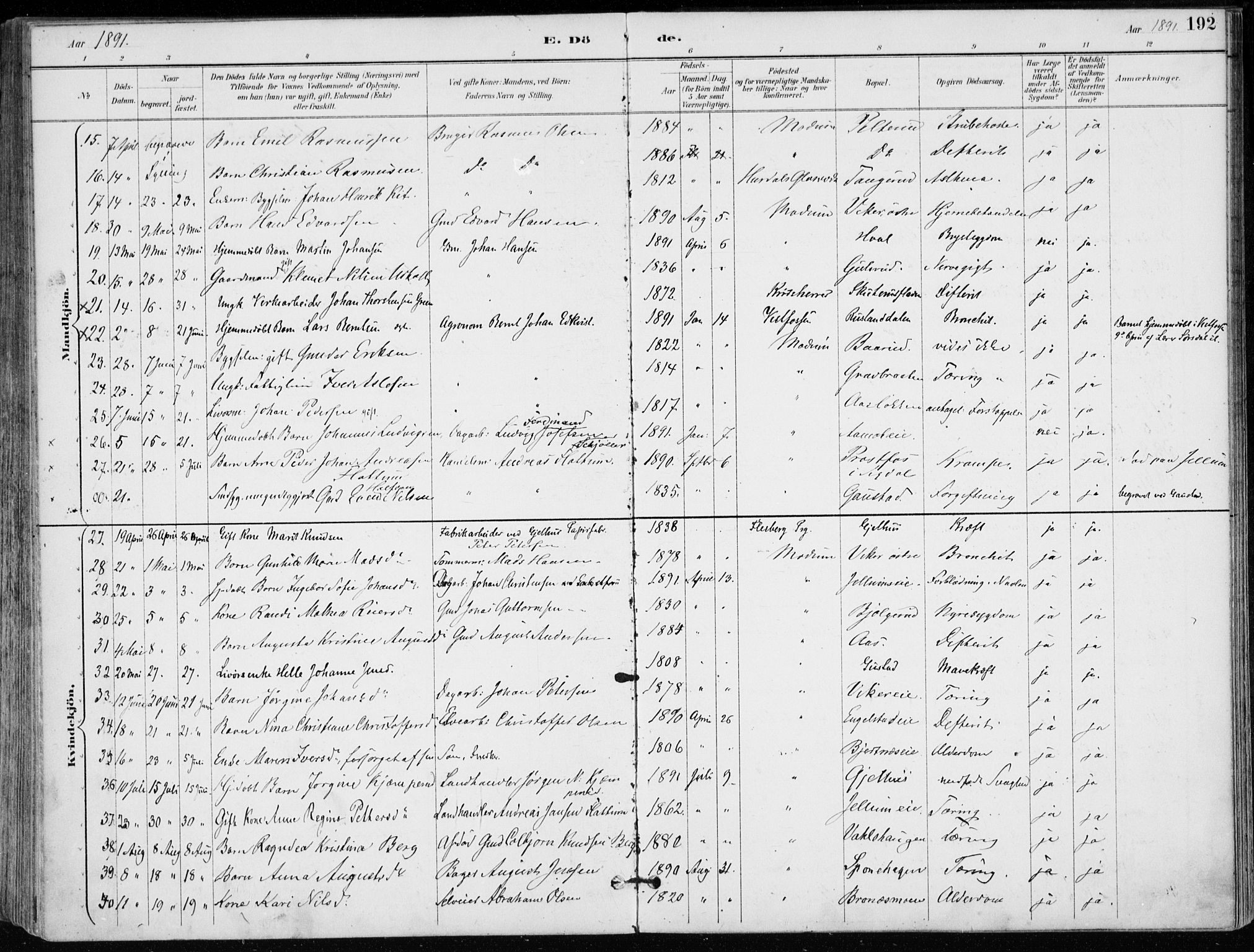 Modum kirkebøker, AV/SAKO-A-234/F/Fa/L0012: Parish register (official) no. 12, 1890-1898, p. 192