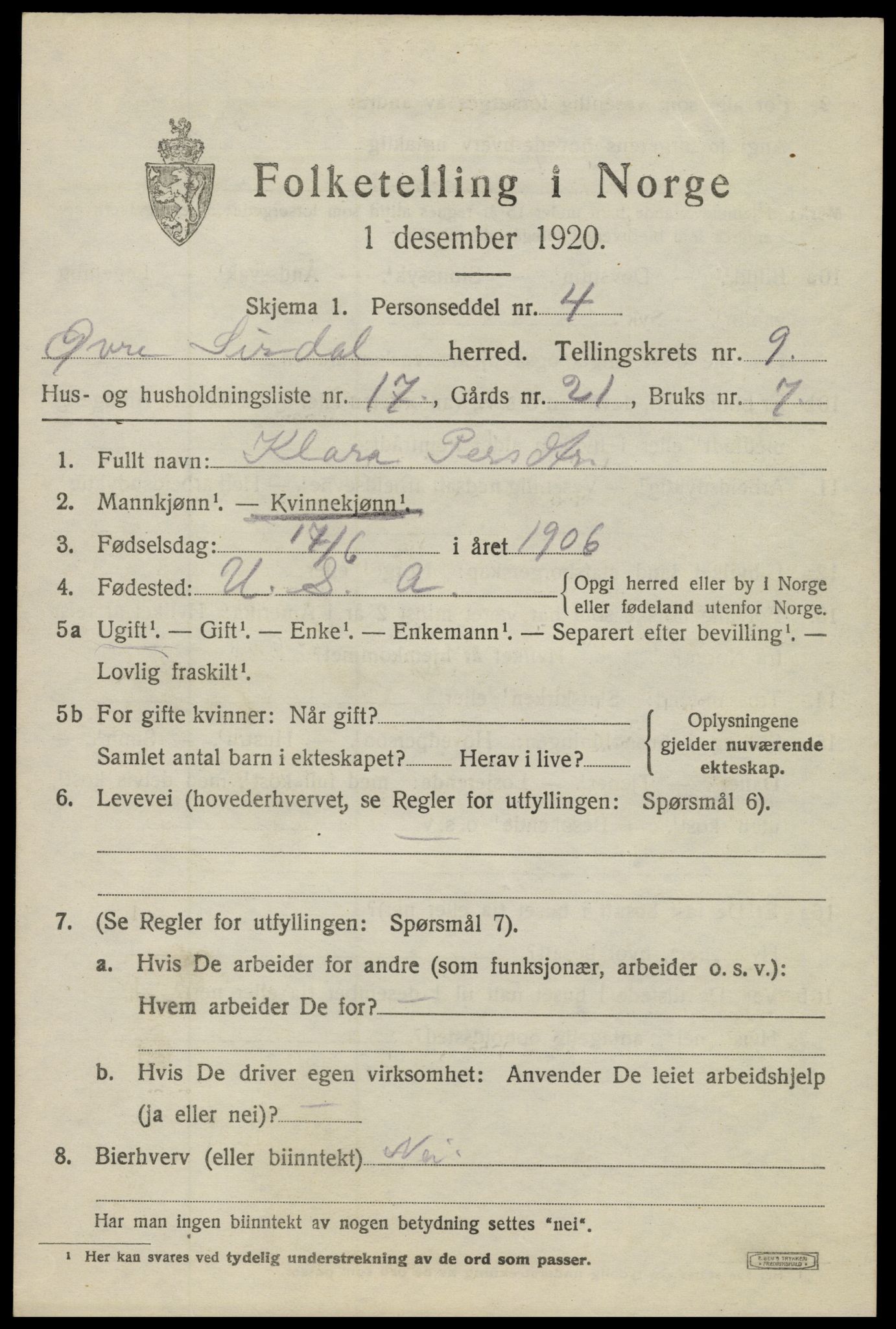 SAK, 1920 census for Øvre Sirdal, 1920, p. 1649