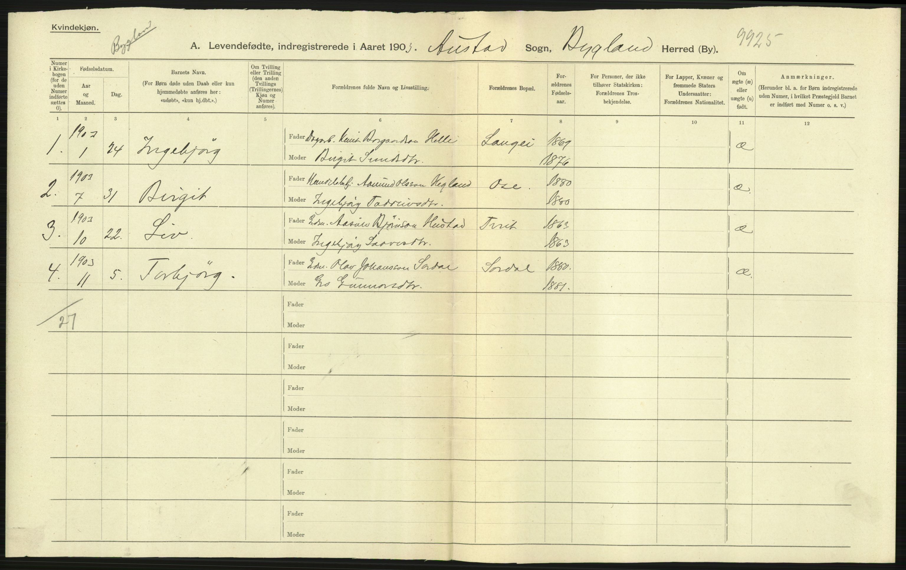 Statistisk sentralbyrå, Sosiodemografiske emner, Befolkning, AV/RA-S-2228/D/Df/Dfa/Dfaa/L0010: Nedenes amt: Fødte, gifte, døde, 1903, p. 79