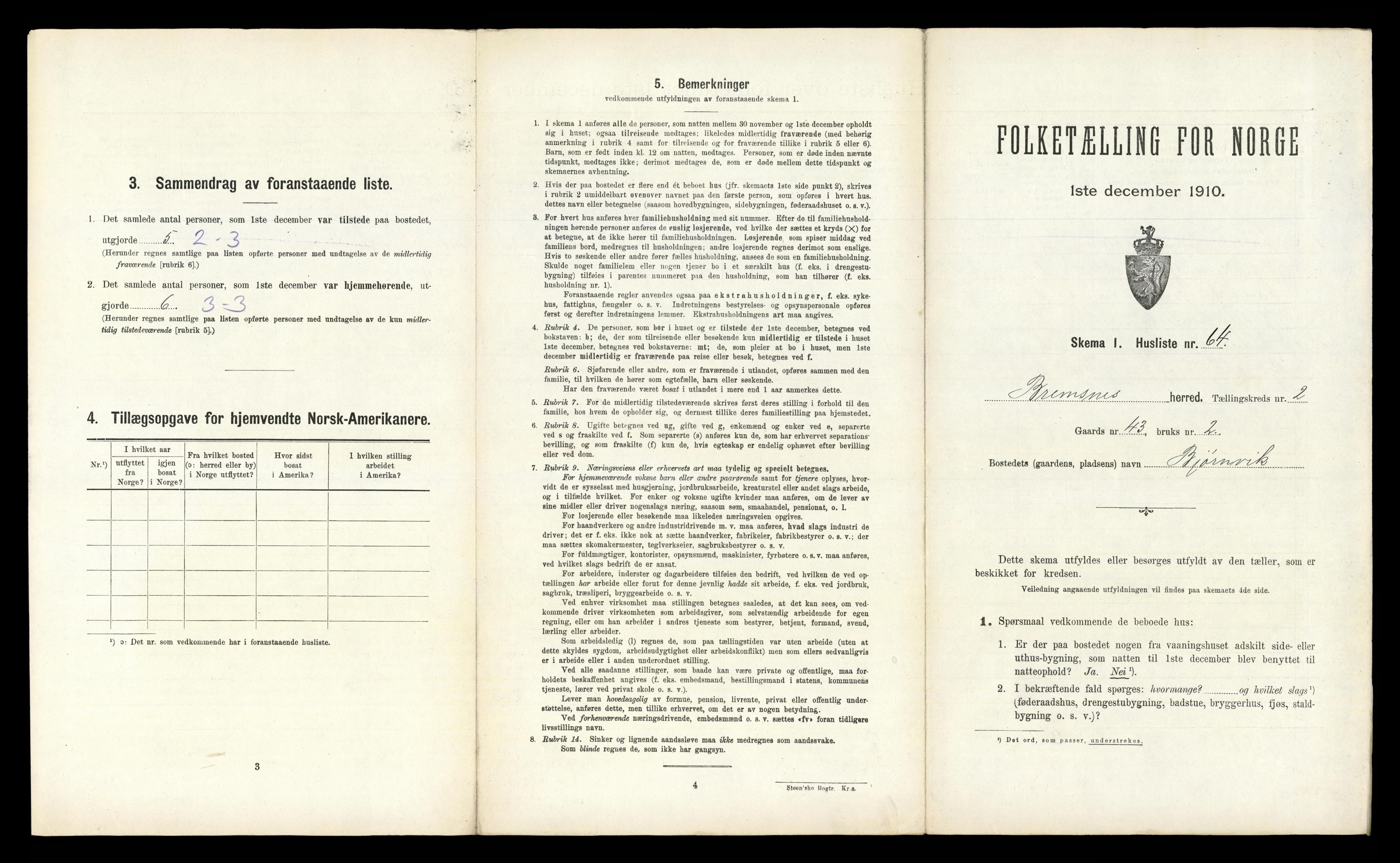 RA, 1910 census for Bremsnes, 1910, p. 364