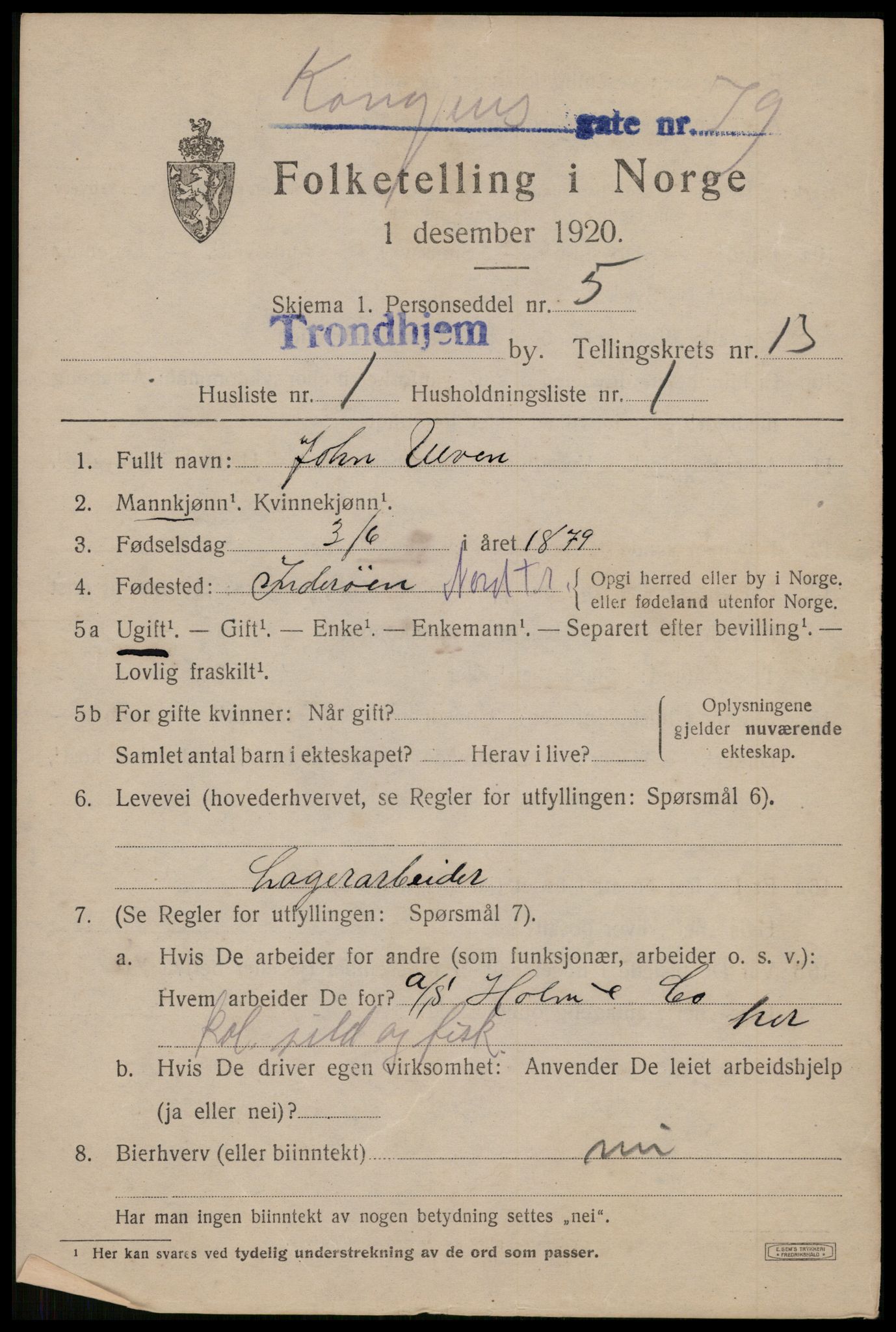 SAT, 1920 census for Trondheim, 1920, p. 49432