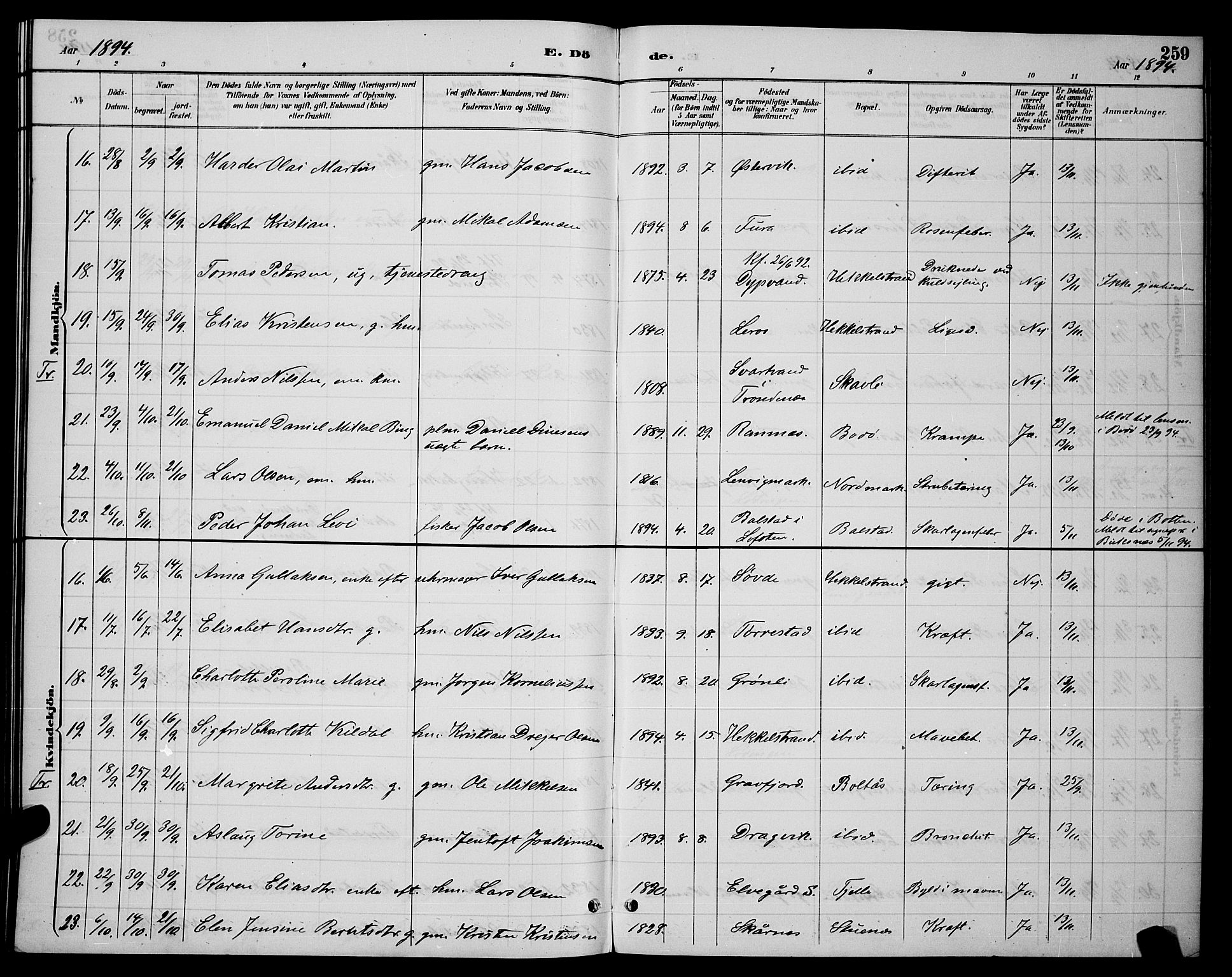 Ministerialprotokoller, klokkerbøker og fødselsregistre - Nordland, AV/SAT-A-1459/863/L0914: Parish register (copy) no. 863C04, 1886-1897, p. 259