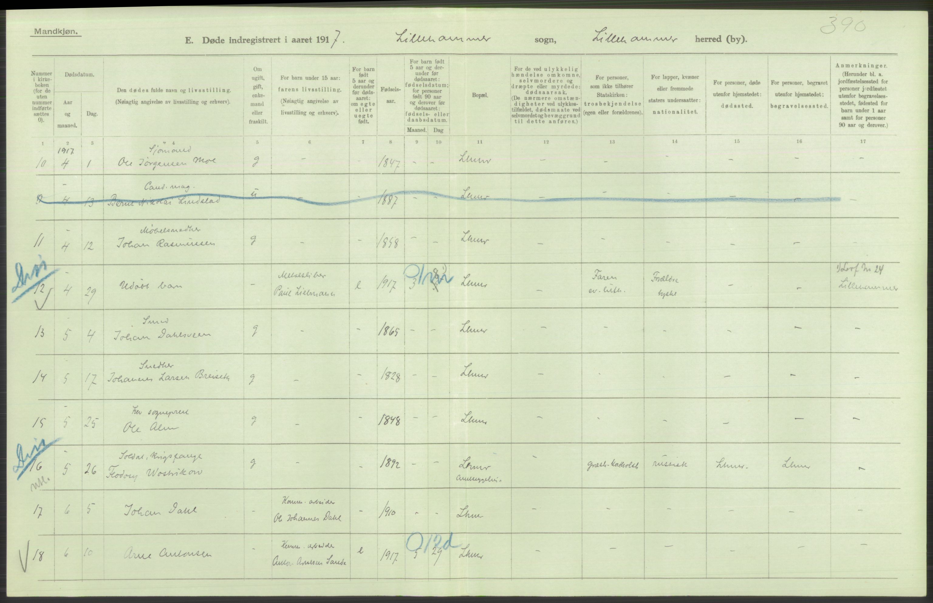 Statistisk sentralbyrå, Sosiodemografiske emner, Befolkning, AV/RA-S-2228/D/Df/Dfb/Dfbg/L0017: Kristians amt: Døde. Bygder, byer., 1917, p. 8