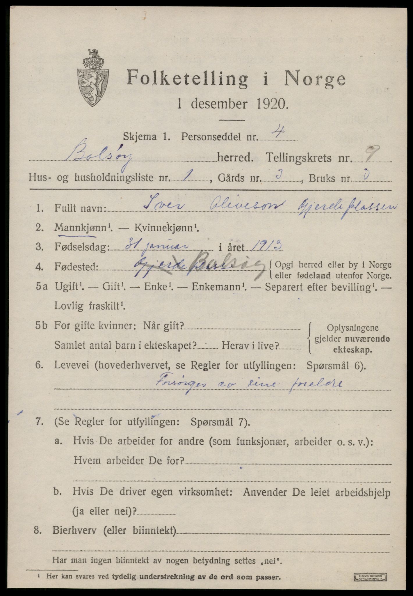 SAT, 1920 census for Bolsøy, 1920, p. 9873