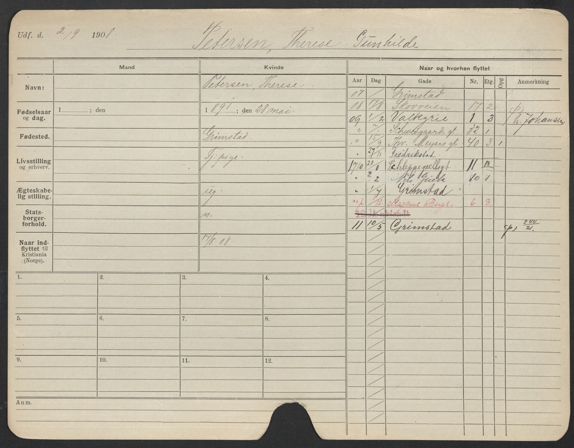 Oslo folkeregister, Registerkort, AV/SAO-A-11715/F/Fa/Fac/L0022: Kvinner, 1906-1914, p. 1072a