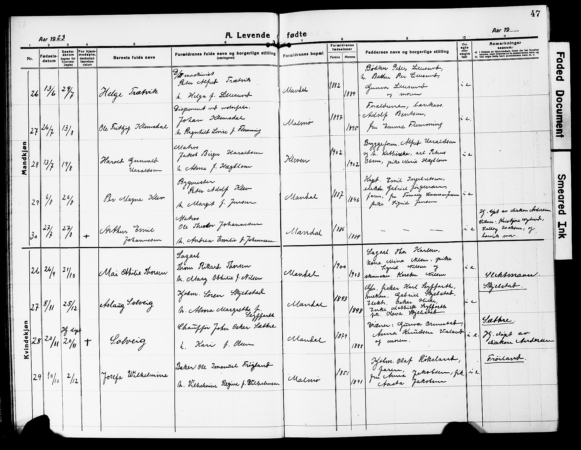 Mandal sokneprestkontor, AV/SAK-1111-0030/F/Fb/Fbc/L0001: Parish register (copy) no. B 1, 1918-1931, p. 47