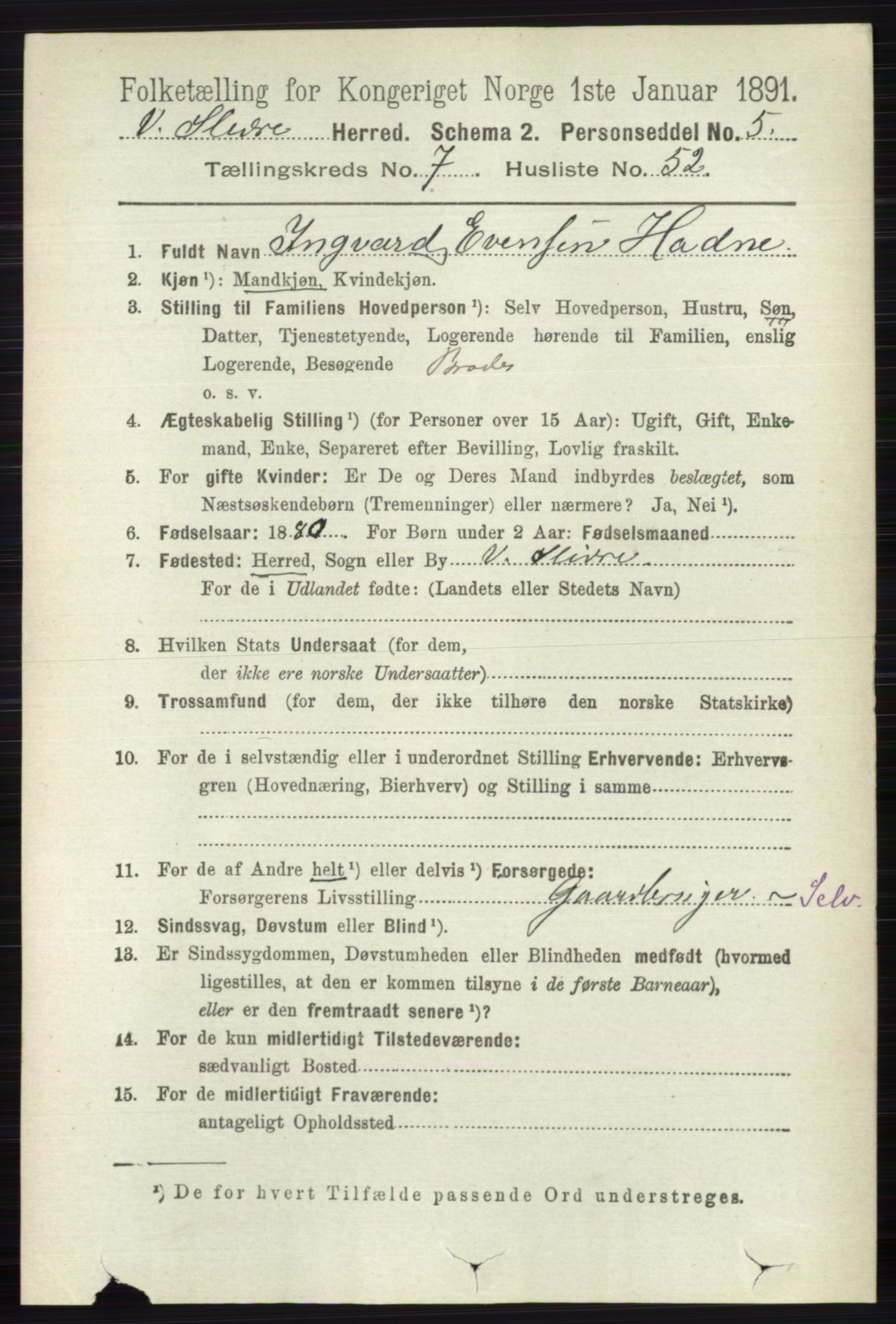 RA, 1891 census for 0543 Vestre Slidre, 1891, p. 2873