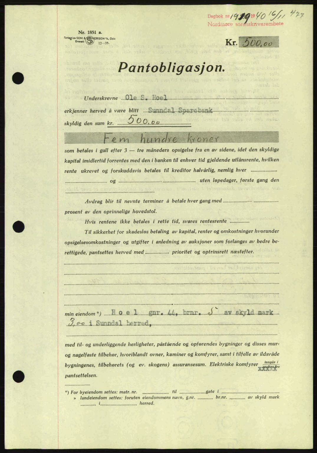 Nordmøre sorenskriveri, AV/SAT-A-4132/1/2/2Ca: Mortgage book no. B87, 1940-1941, Diary no: : 1919/1940