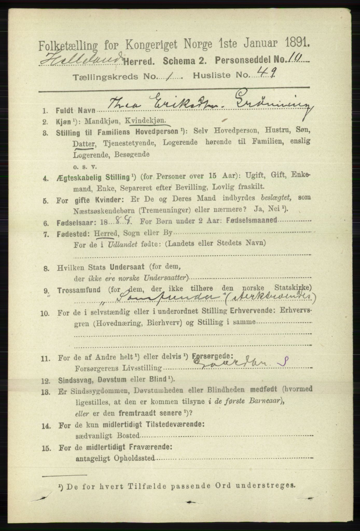 RA, 1891 census for 1115 Helleland, 1891, p. 358