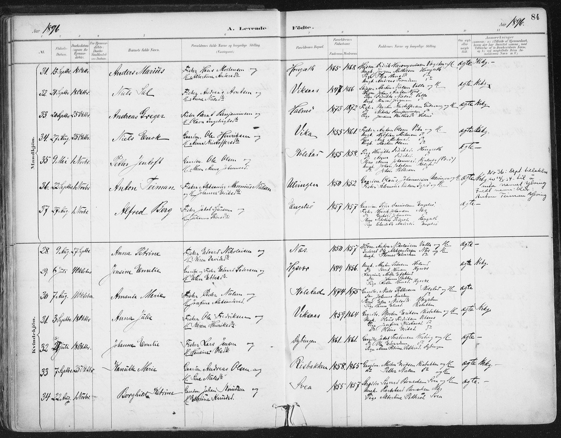 Ministerialprotokoller, klokkerbøker og fødselsregistre - Nordland, AV/SAT-A-1459/816/L0244: Parish register (official) no. 816A10, 1886-1903, p. 84