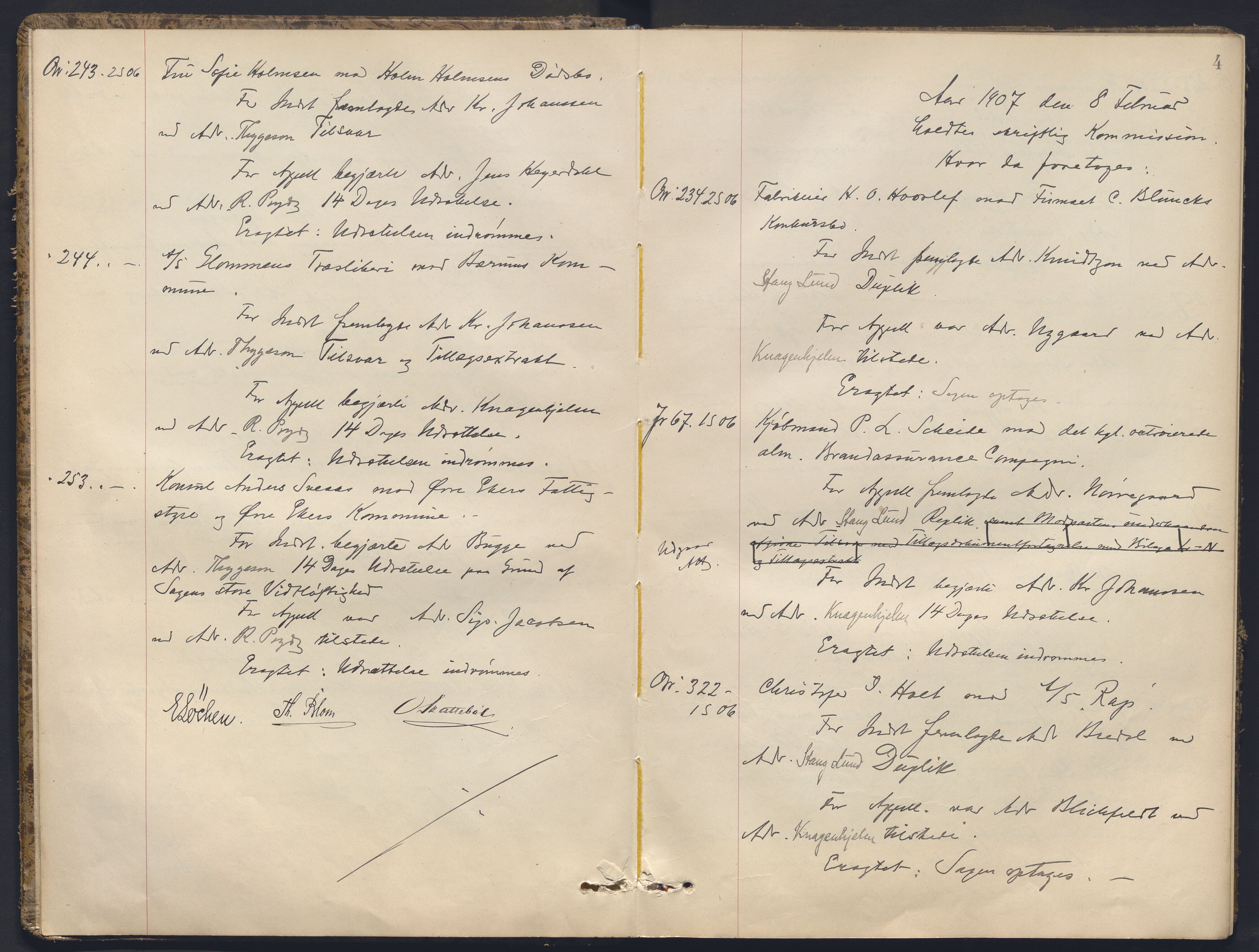 Høyesterett, AV/RA-S-1002/E/Ef/L0022: Protokoll over saker som gikk til skriftlig behandling, 1907-1910, p. 3b-4a