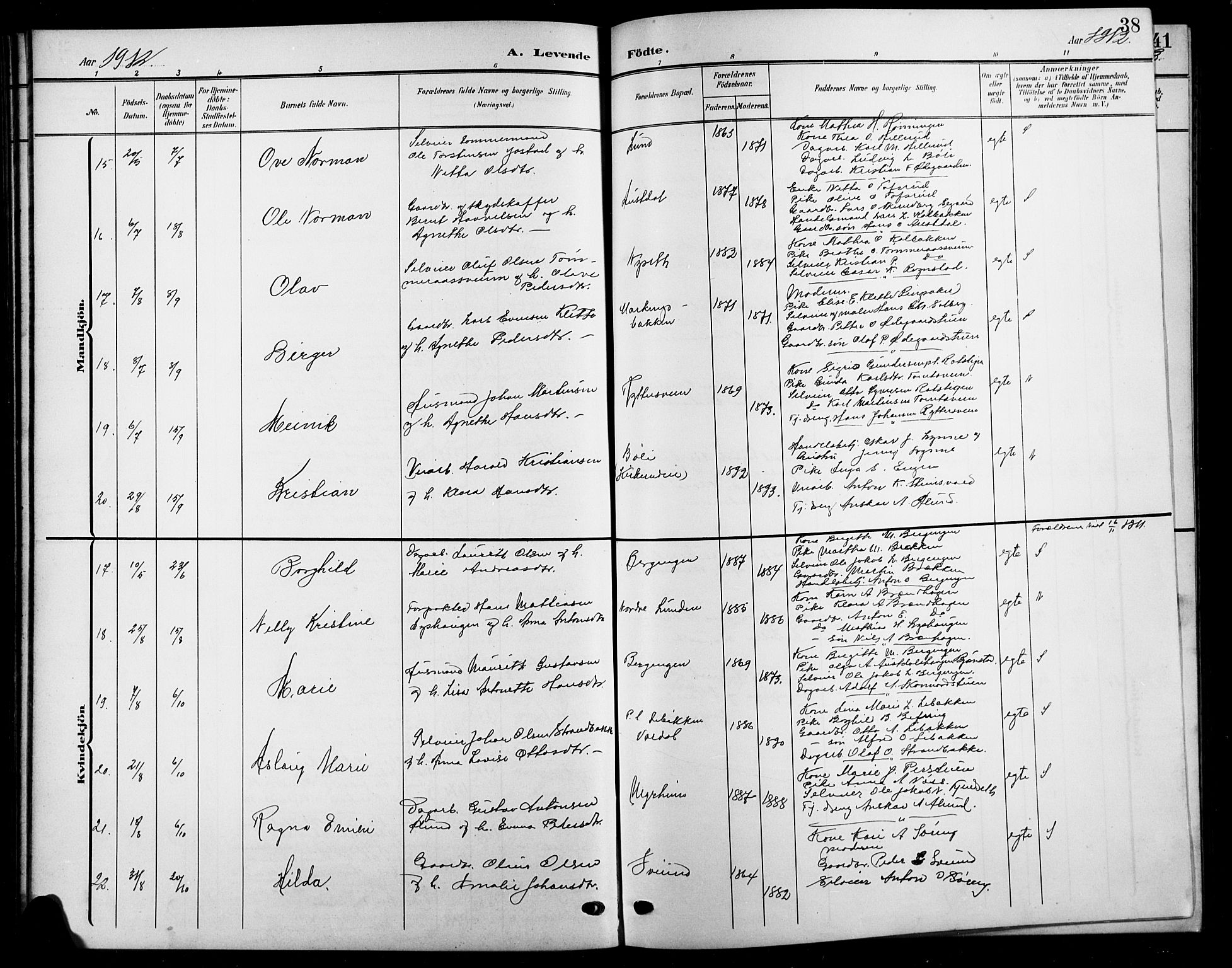 Biri prestekontor, SAH/PREST-096/H/Ha/Hab/L0005: Parish register (copy) no. 5, 1906-1919, p. 38