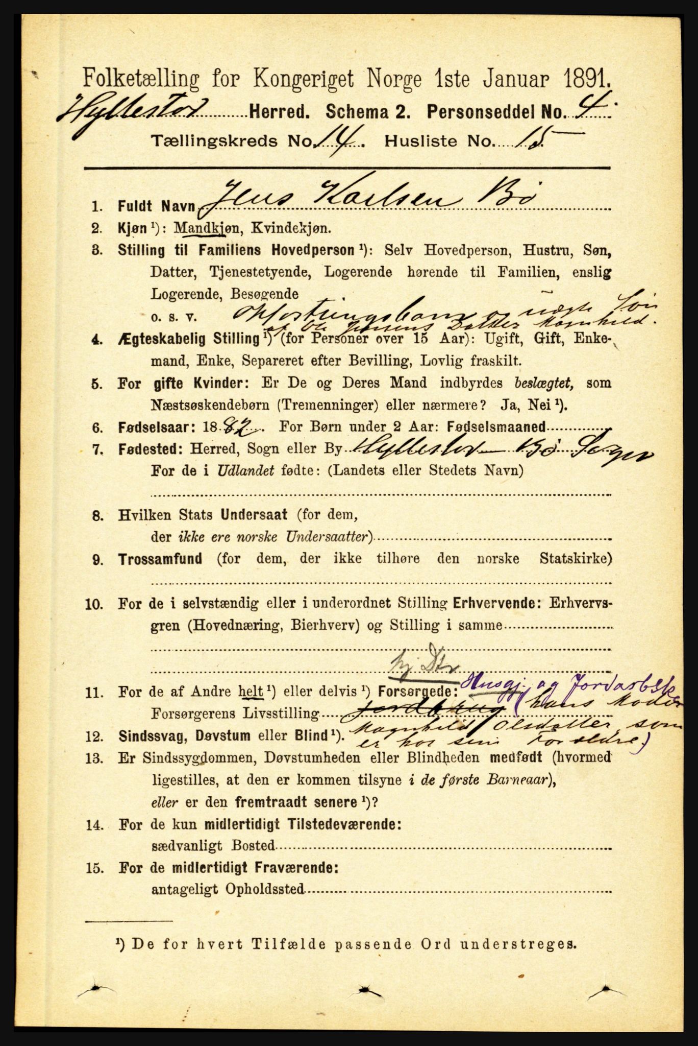 RA, 1891 census for 1413 Hyllestad, 1891, p. 2621
