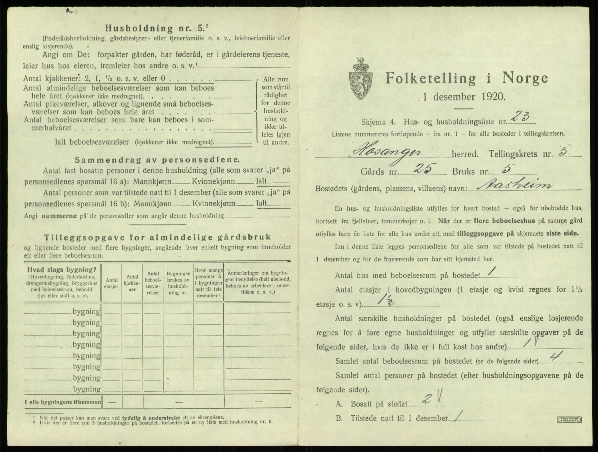 SAB, 1920 census for Hosanger, 1920, p. 309