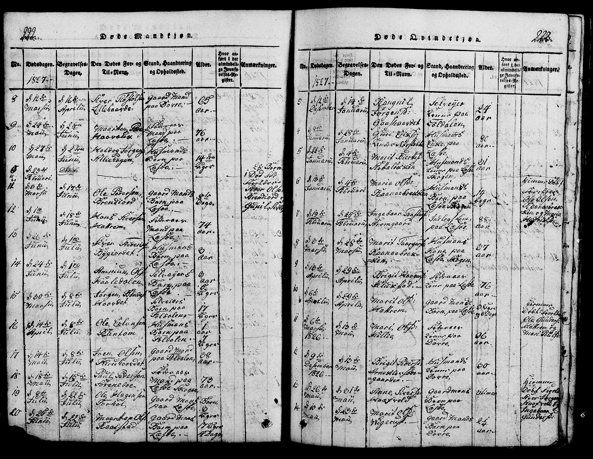 Lesja prestekontor, SAH/PREST-068/H/Ha/Hab/L0001: Parish register (copy) no. 1, 1820-1831, p. 222-223