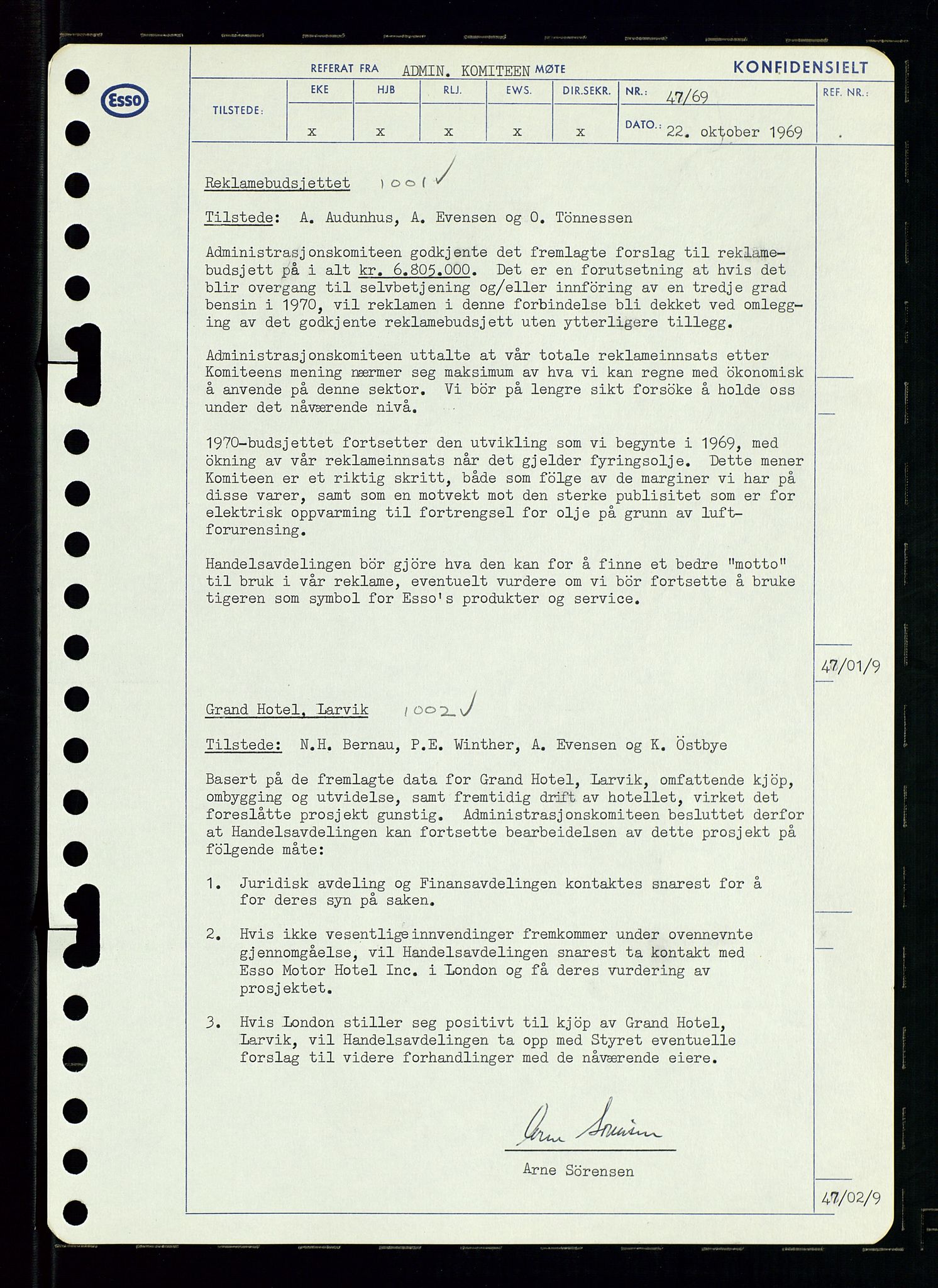 Pa 0982 - Esso Norge A/S, SAST/A-100448/A/Aa/L0003/0001: Den administrerende direksjon Board minutes (styrereferater) og Bedriftforsamlingsprotokoll / Den administrerende direksjon Board minutes (styrereferater), 1969, p. 116
