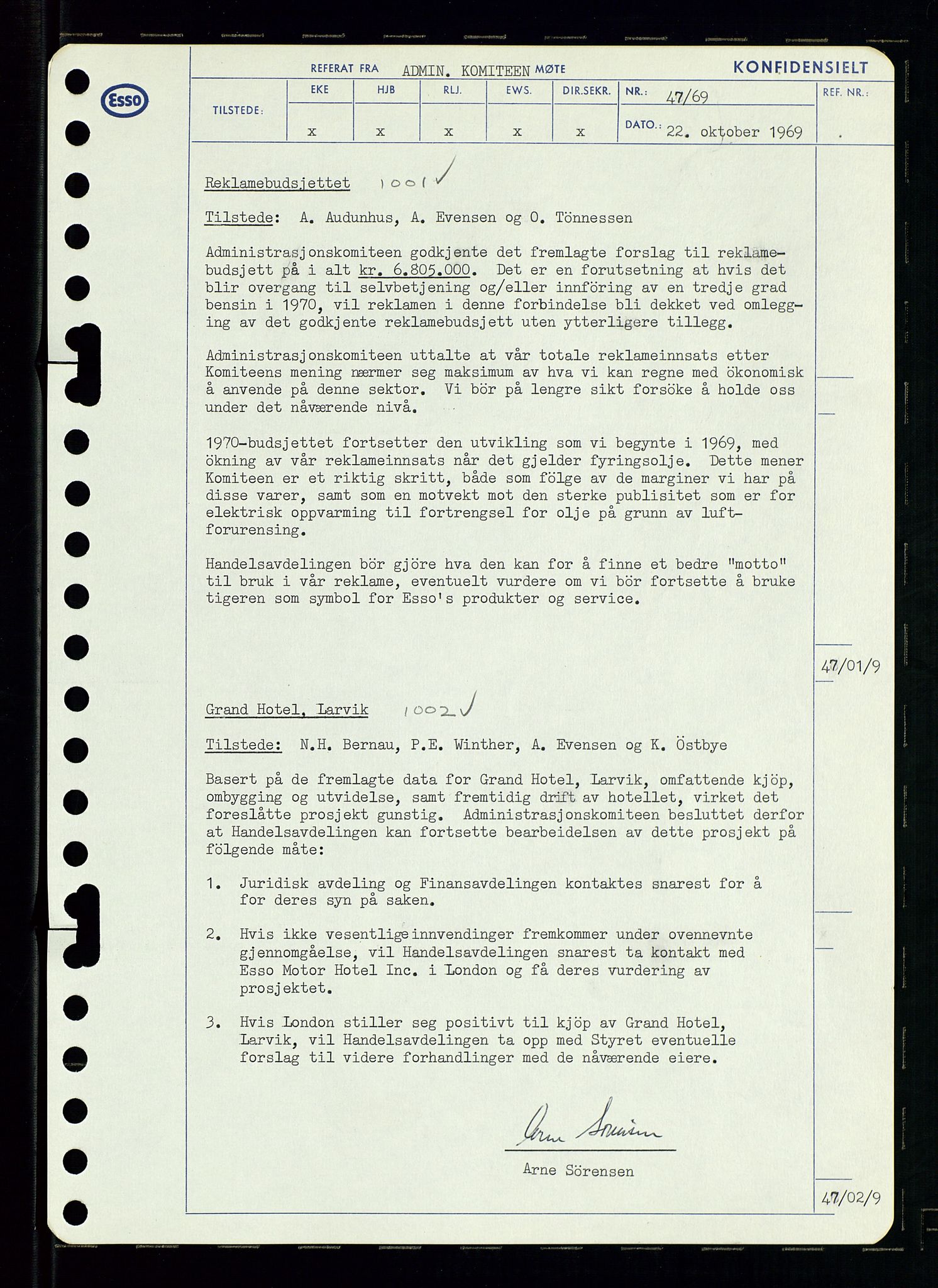 Pa 0982 - Esso Norge A/S, AV/SAST-A-100448/A/Aa/L0003/0001: Den administrerende direksjon Board minutes (styrereferater) og Bedriftforsamlingsprotokoll / Den administrerende direksjon Board minutes (styrereferater), 1969, p. 116