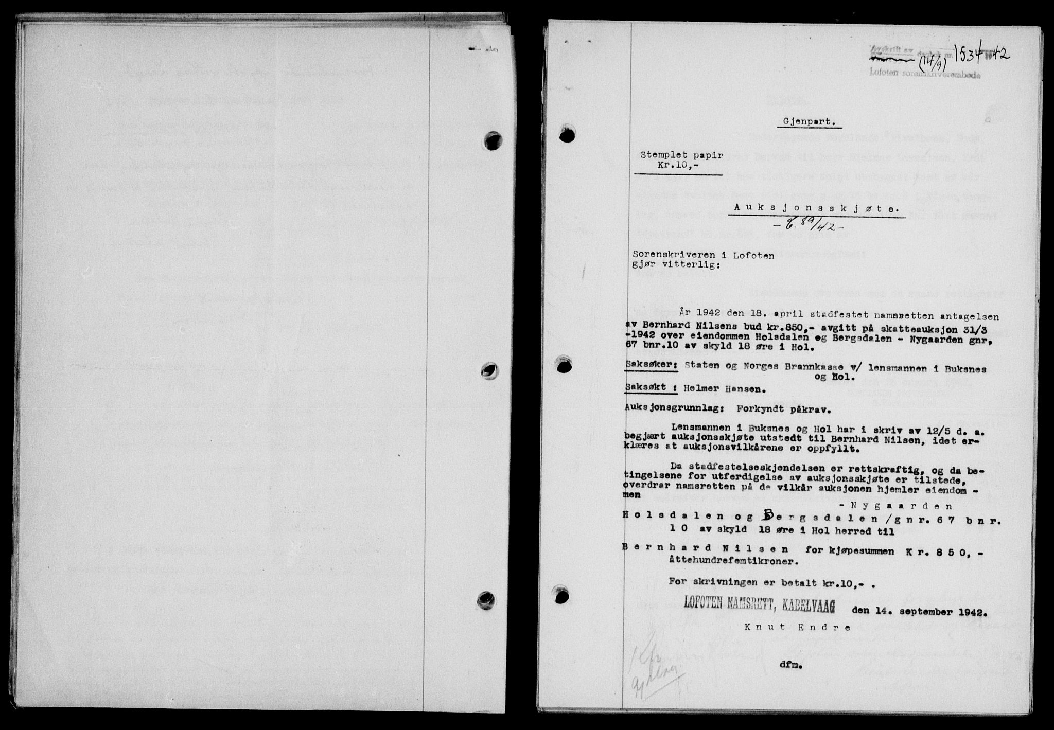 Lofoten sorenskriveri, SAT/A-0017/1/2/2C/L0010a: Mortgage book no. 10a, 1942-1943, Diary no: : 1534/1942