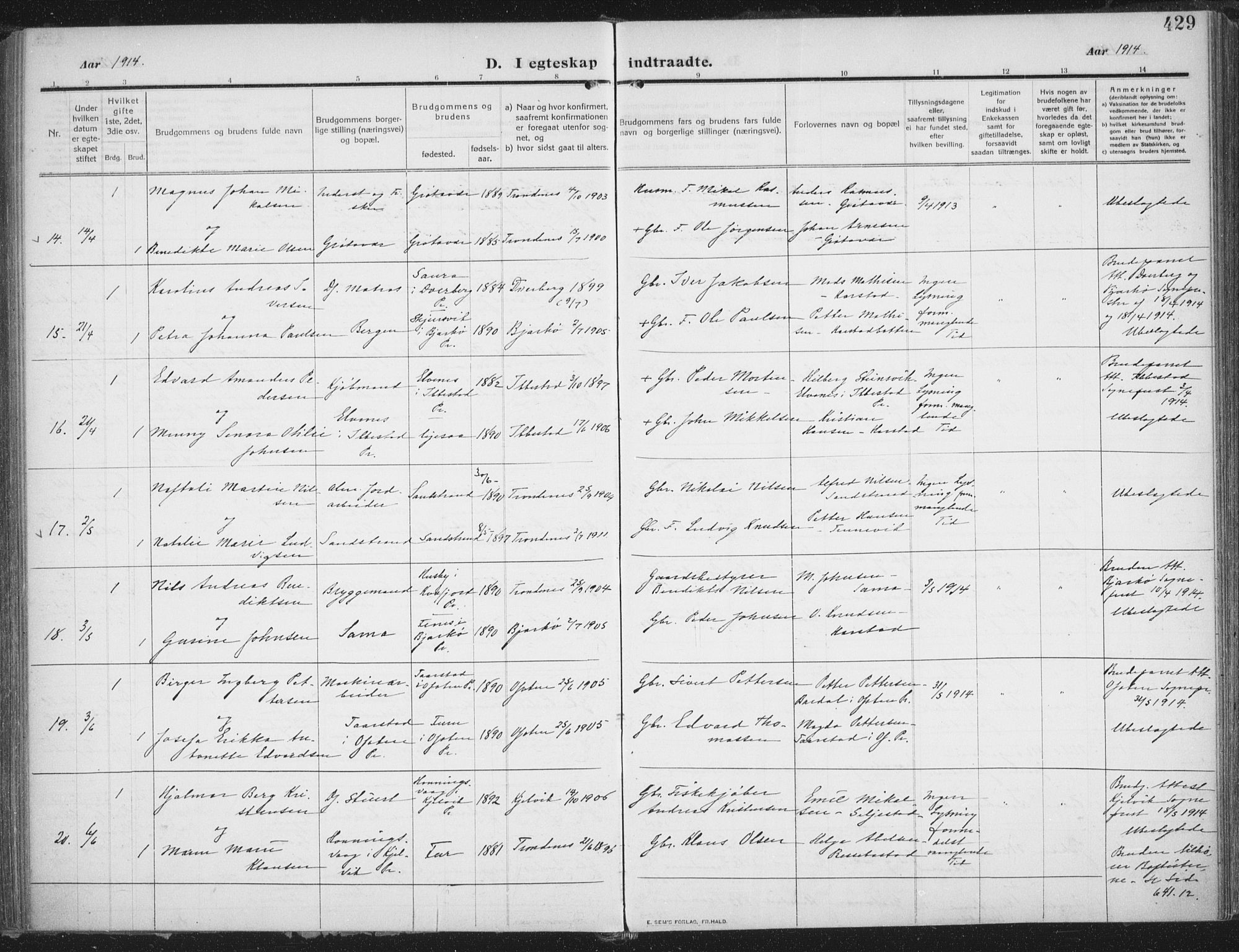 Trondenes sokneprestkontor, SATØ/S-1319/H/Ha/L0018kirke: Parish register (official) no. 18, 1909-1918, p. 429