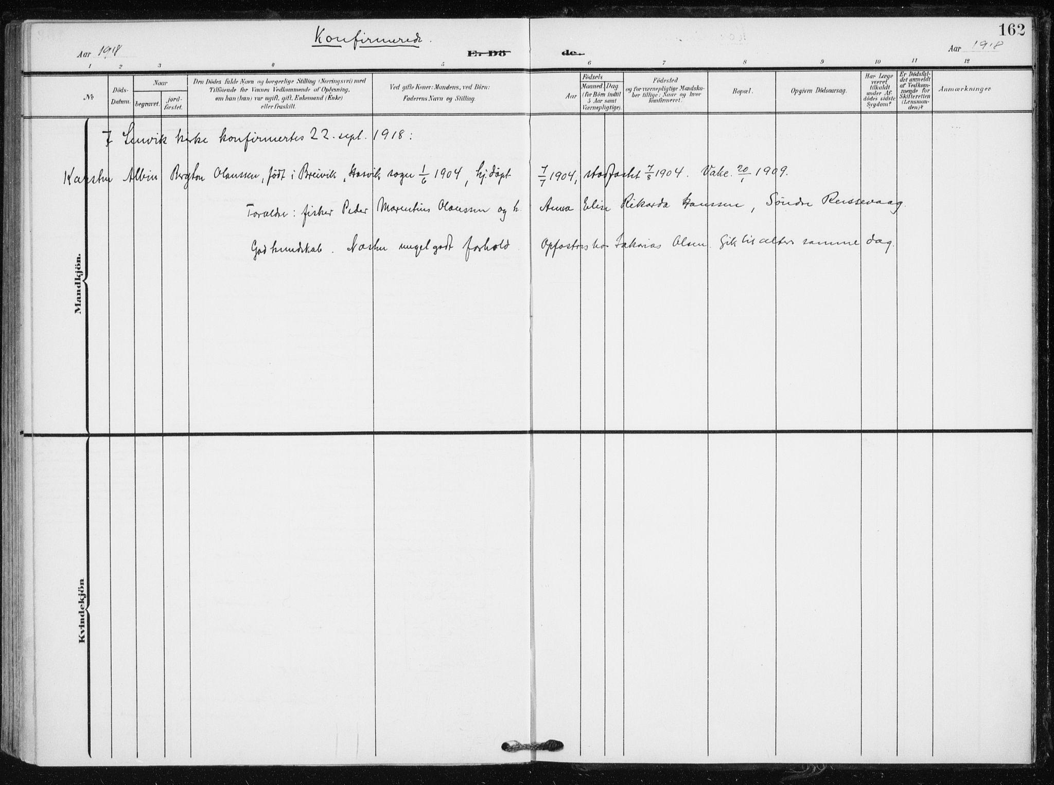 Tranøy sokneprestkontor, SATØ/S-1313/I/Ia/Iaa/L0012kirke: Parish register (official) no. 12, 1905-1918, p. 162