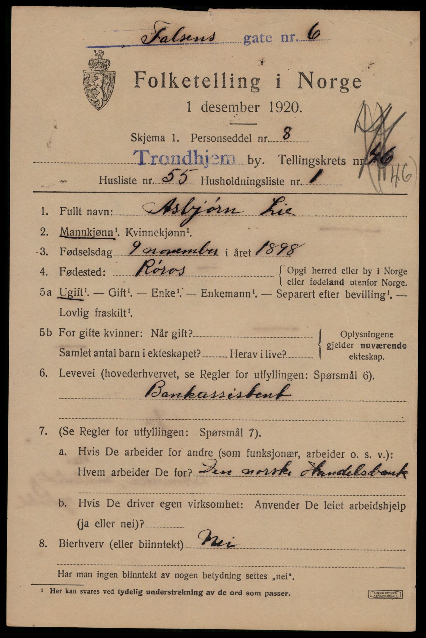 SAT, 1920 census for Trondheim, 1920, p. 99240