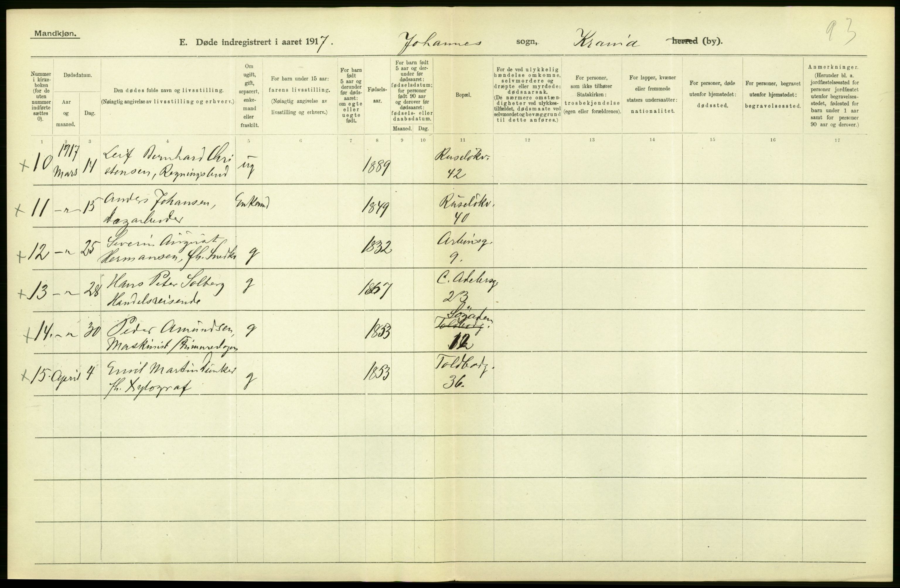 Statistisk sentralbyrå, Sosiodemografiske emner, Befolkning, RA/S-2228/D/Df/Dfb/Dfbg/L0010: Kristiania: Døde, 1917, p. 492