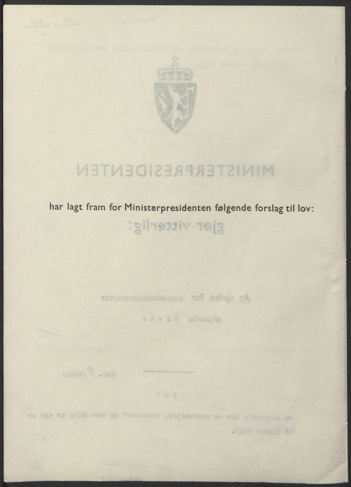 NS-administrasjonen 1940-1945 (Statsrådsekretariatet, de kommisariske statsråder mm), AV/RA-S-4279/D/Db/L0100: Lover, 1944, p. 39