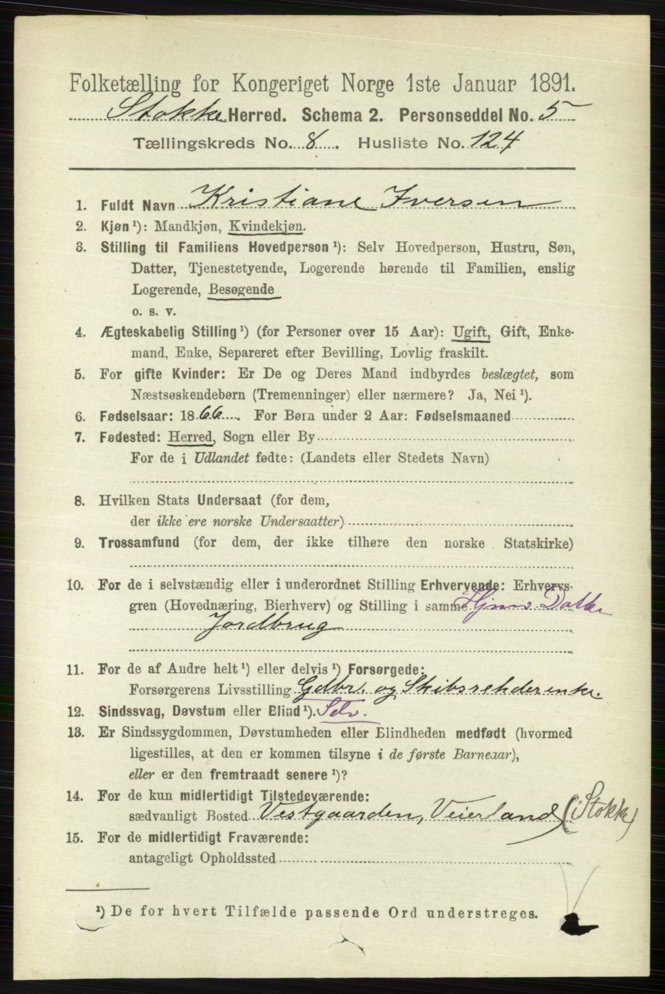 RA, 1891 census for 0720 Stokke, 1891, p. 5769