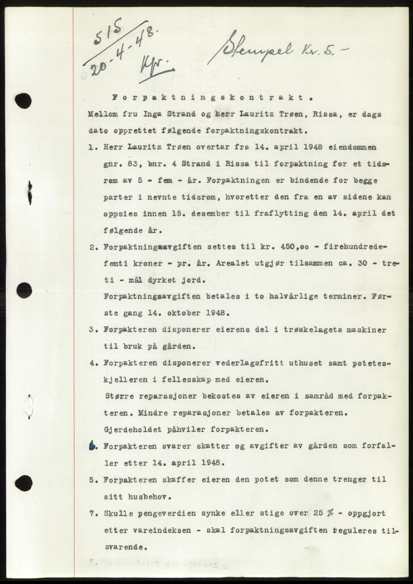 Fosen sorenskriveri, AV/SAT-A-1107/1/2/2C: Mortgage book no. B, 1948-1950, Diary no: : 515/1948