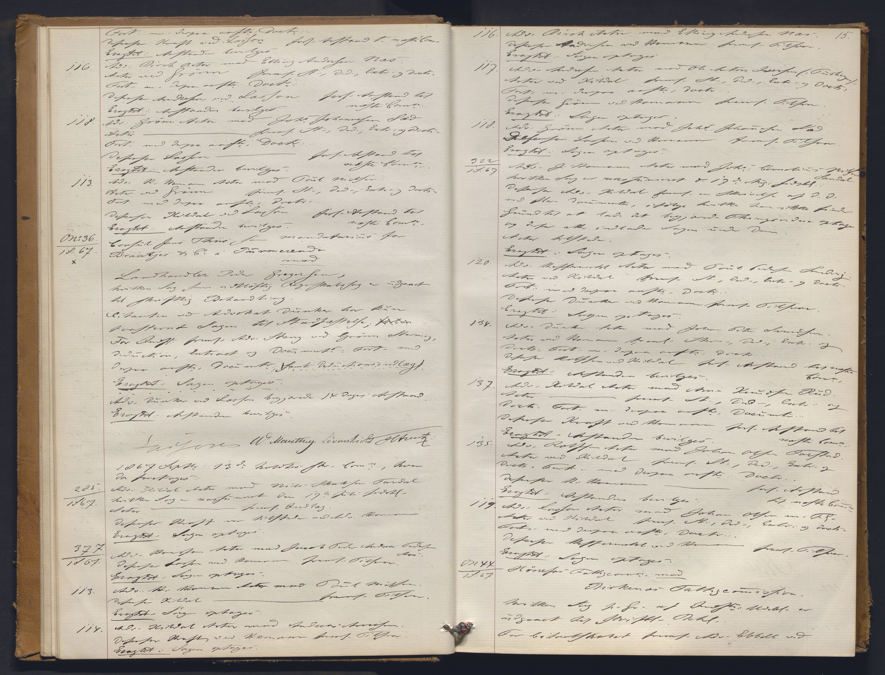 Høyesterett, AV/RA-S-1002/E/Ef/L0012: Protokoll over saker som gikk til skriftlig behandling, 1867-1873, p. 14b-15a