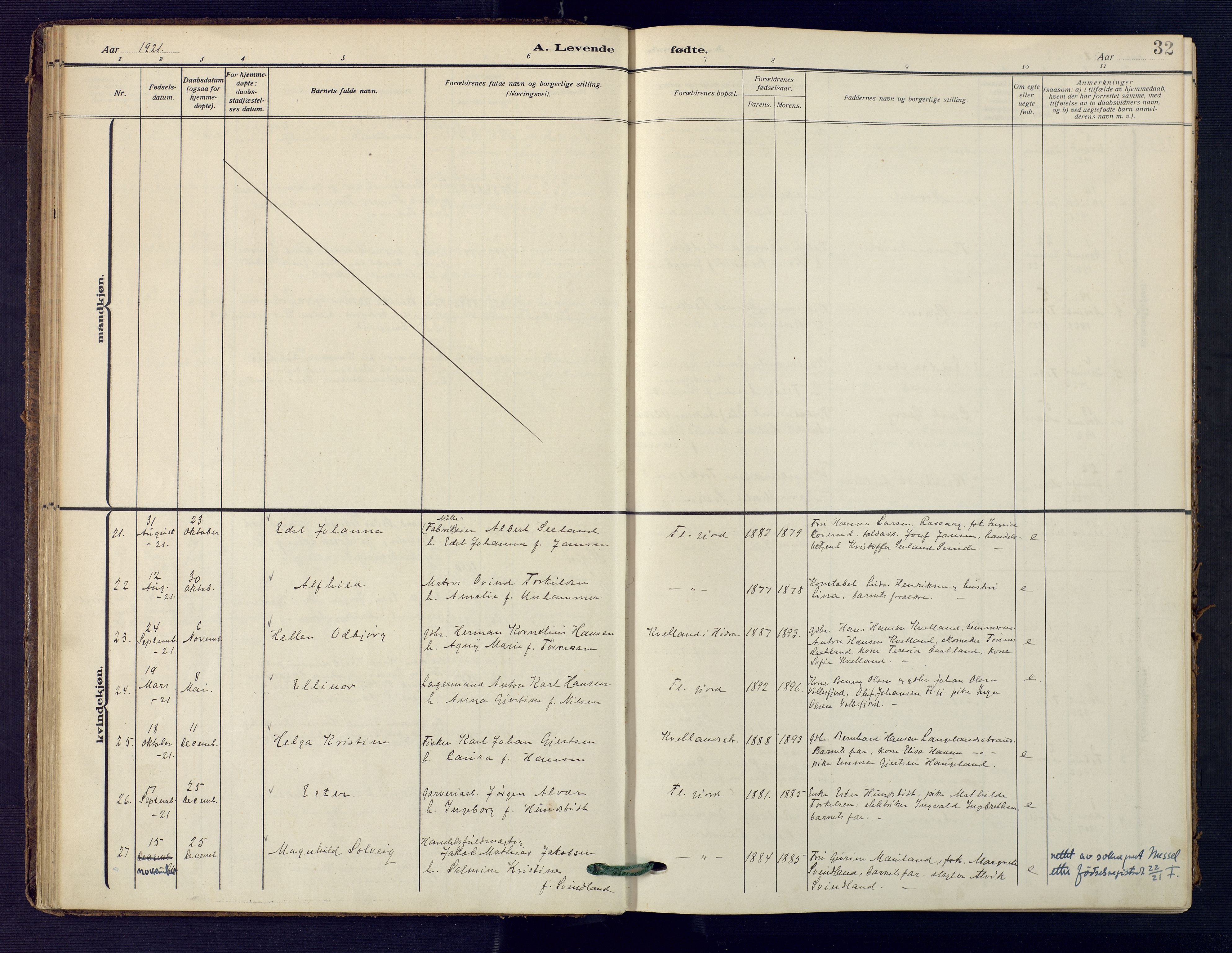 Flekkefjord sokneprestkontor, SAK/1111-0012/F/Fa/Faa/L0003: Parish register (official) no. A 3, 1913-1928, p. 32