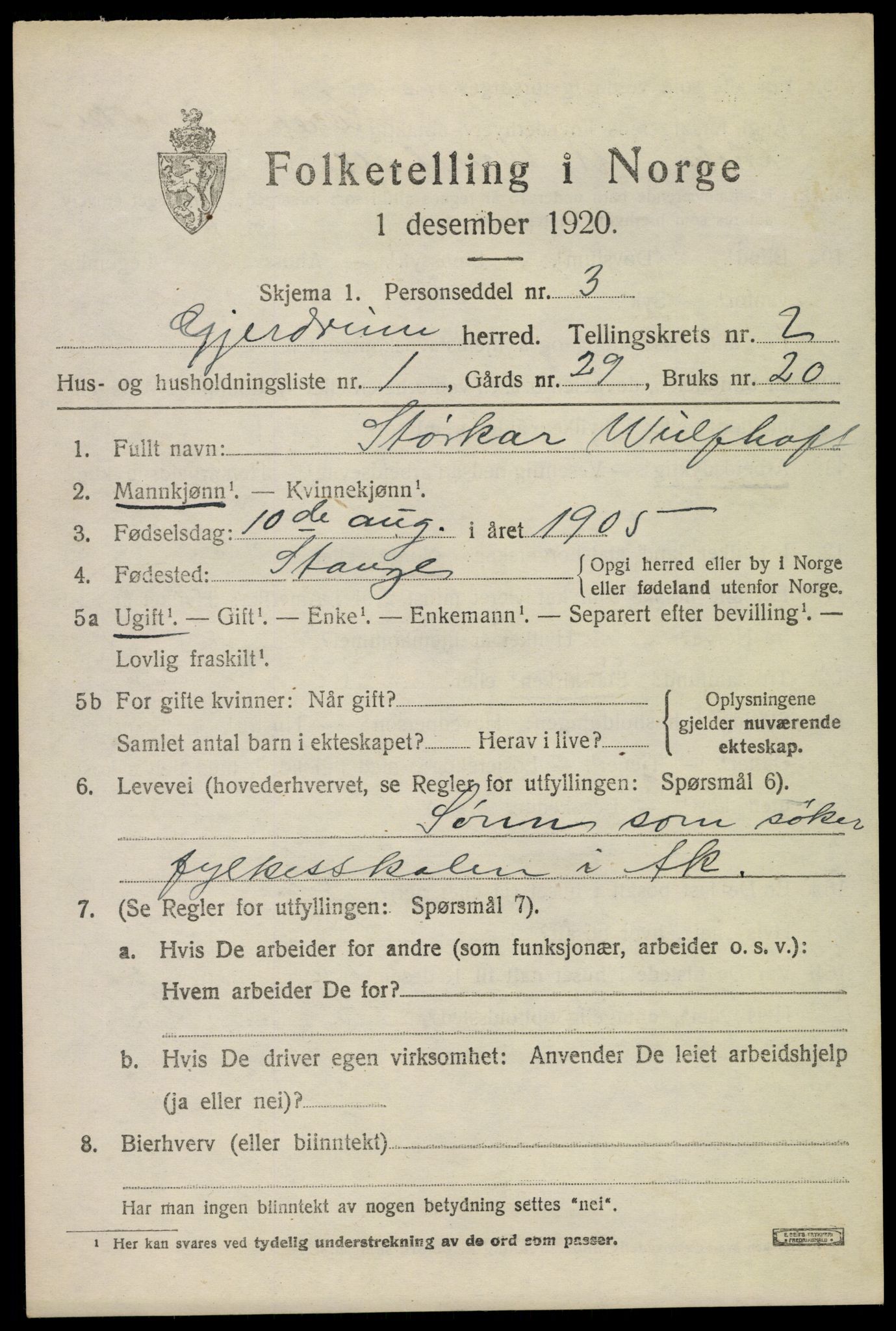 SAO, 1920 census for Gjerdrum, 1920, p. 1354