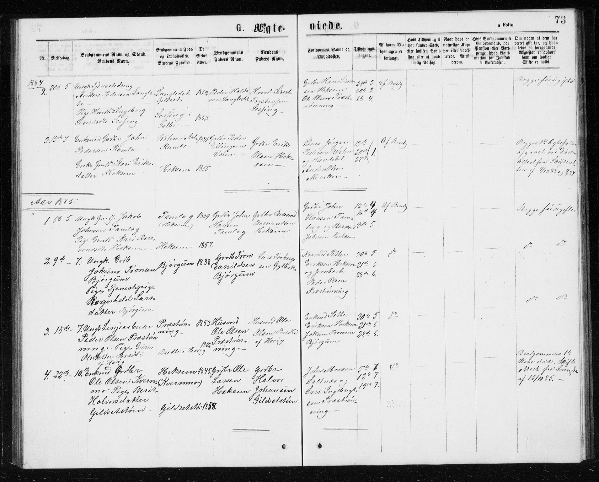 Ministerialprotokoller, klokkerbøker og fødselsregistre - Sør-Trøndelag, SAT/A-1456/685/L0977: Parish register (copy) no. 685C02, 1879-1890, p. 73
