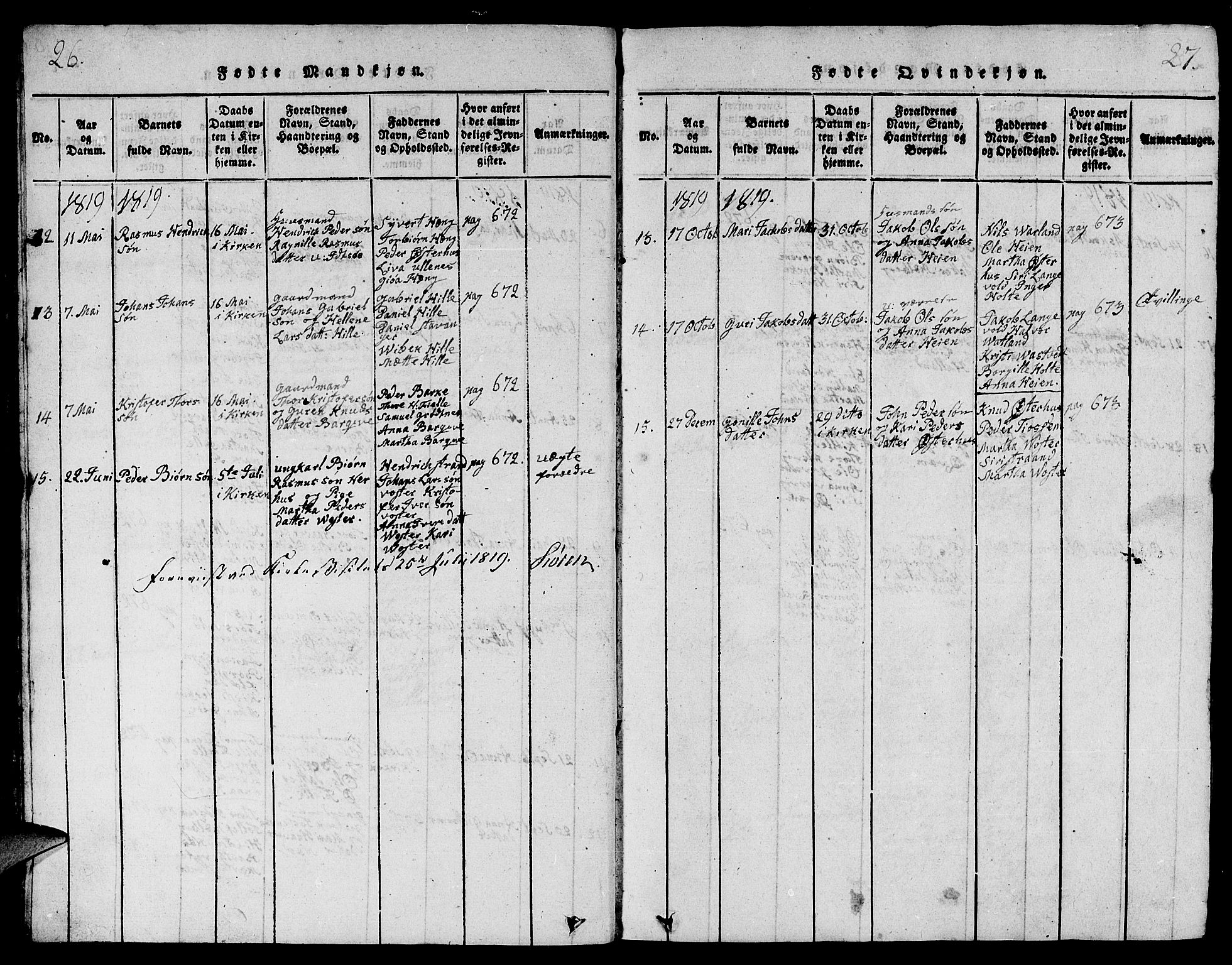 Strand sokneprestkontor, AV/SAST-A-101828/H/Ha/Hab/L0001: Parish register (copy) no. B 1, 1816-1854, p. 26-27