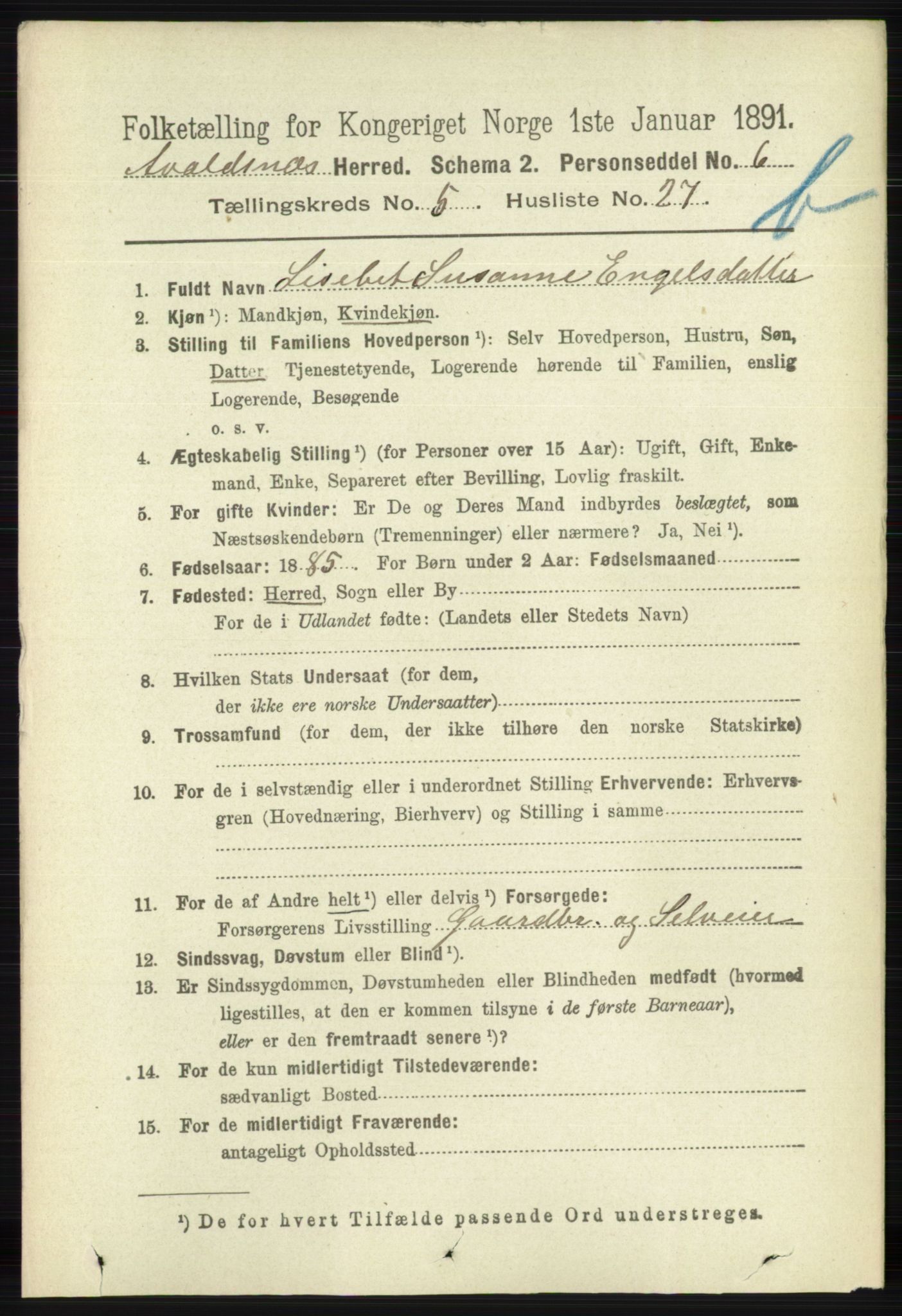 RA, 1891 census for 1147 Avaldsnes, 1891, p. 3150