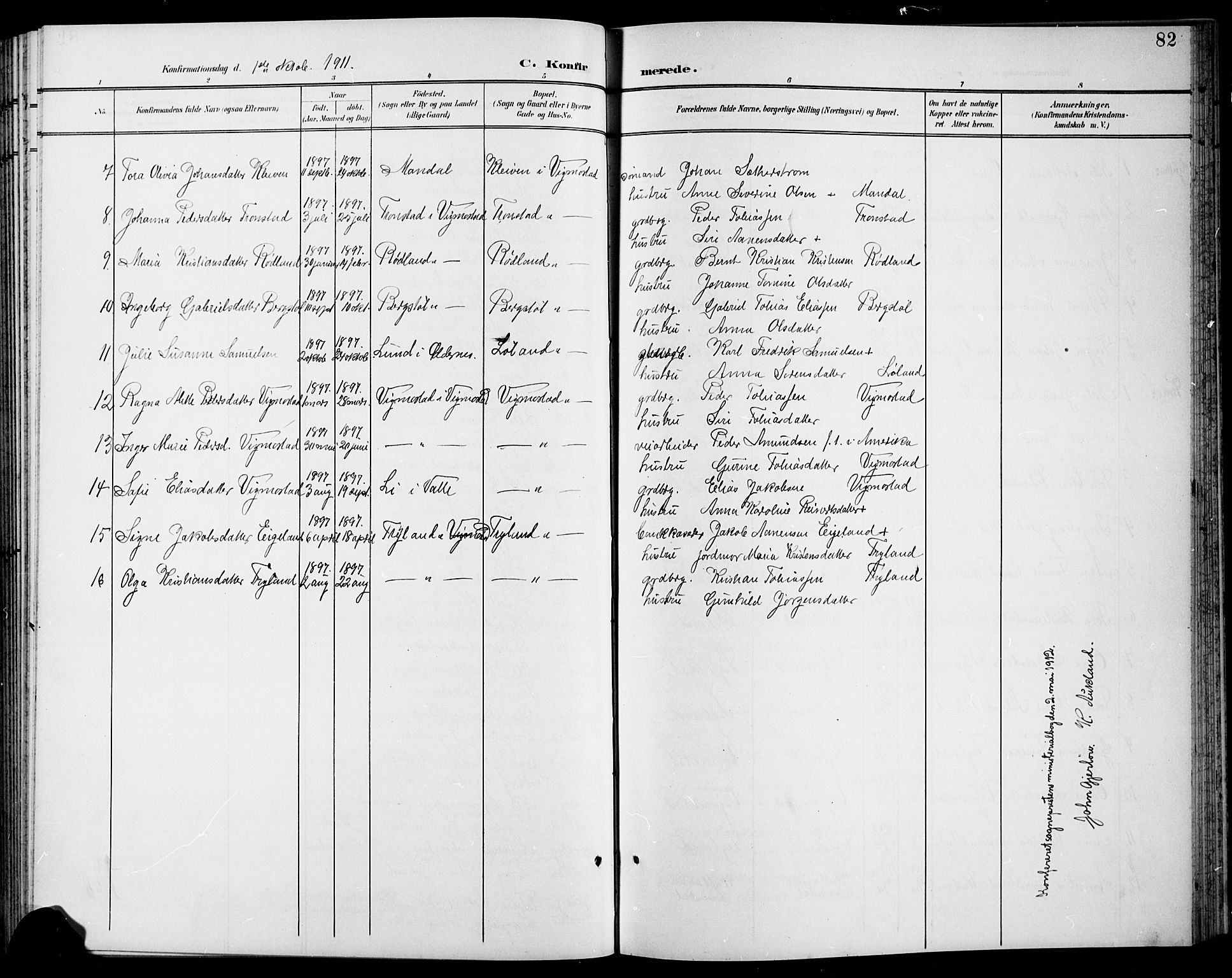 Nord-Audnedal sokneprestkontor, AV/SAK-1111-0032/F/Fb/Fbb/L0004: Parish register (copy) no. B 4, 1901-1917, p. 82