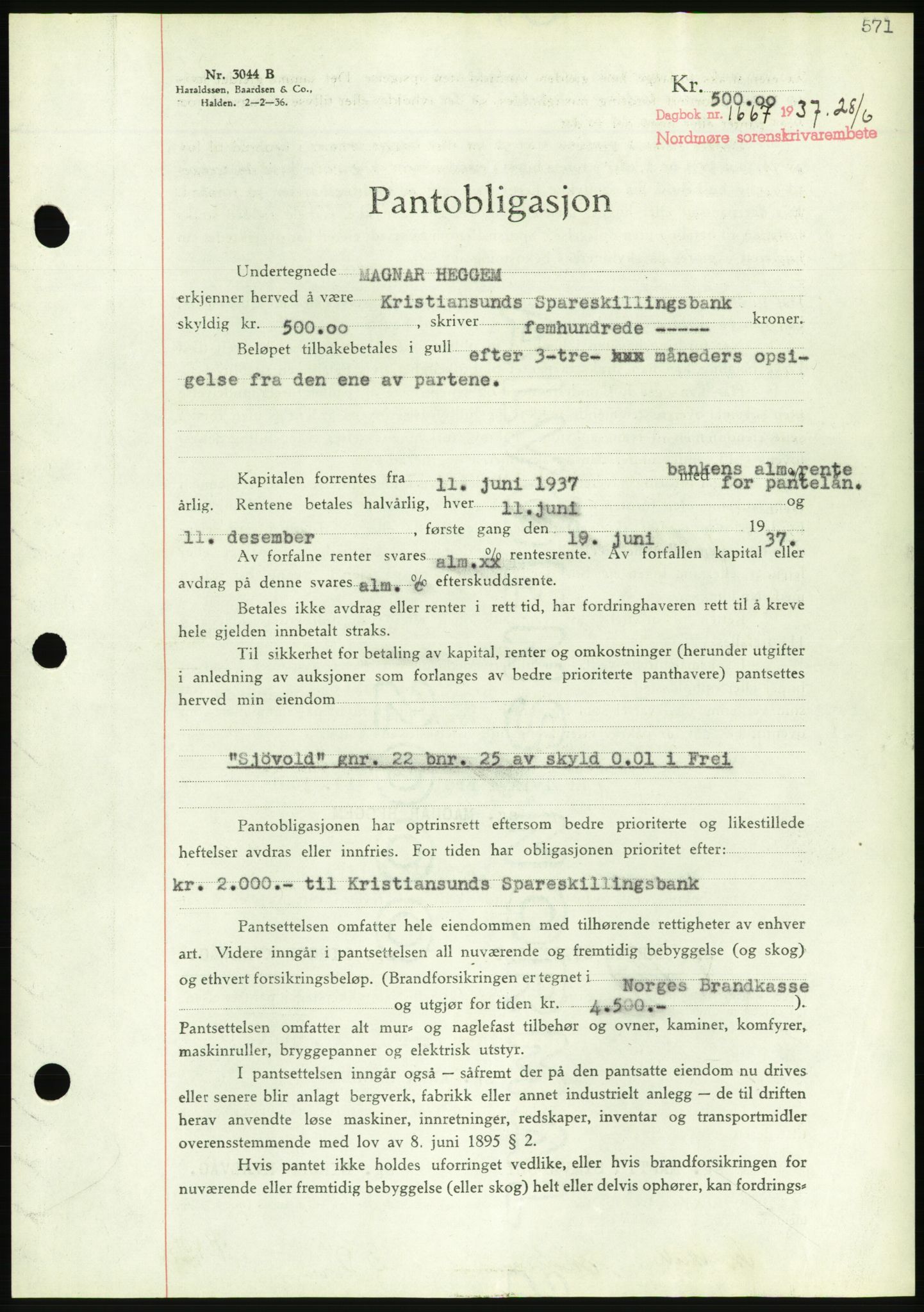 Nordmøre sorenskriveri, AV/SAT-A-4132/1/2/2Ca/L0091: Mortgage book no. B81, 1937-1937, Diary no: : 1667/1937