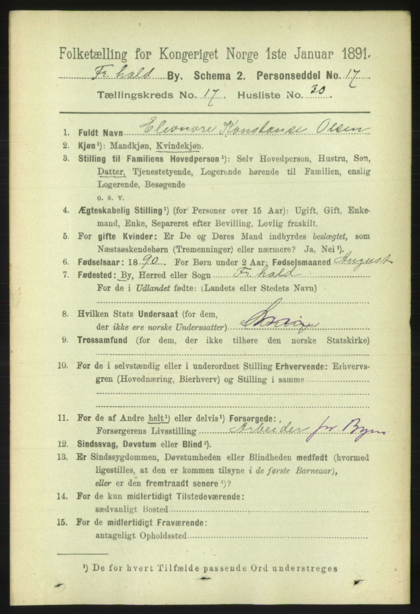 RA, 1891 census for 0101 Fredrikshald, 1891, p. 11361