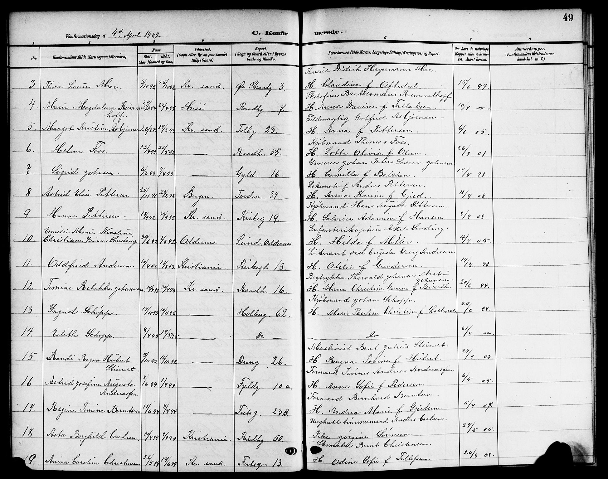 Kristiansand domprosti, SAK/1112-0006/F/Fb/L0020: Parish register (copy) no. B 20, 1906-1915, p. 49