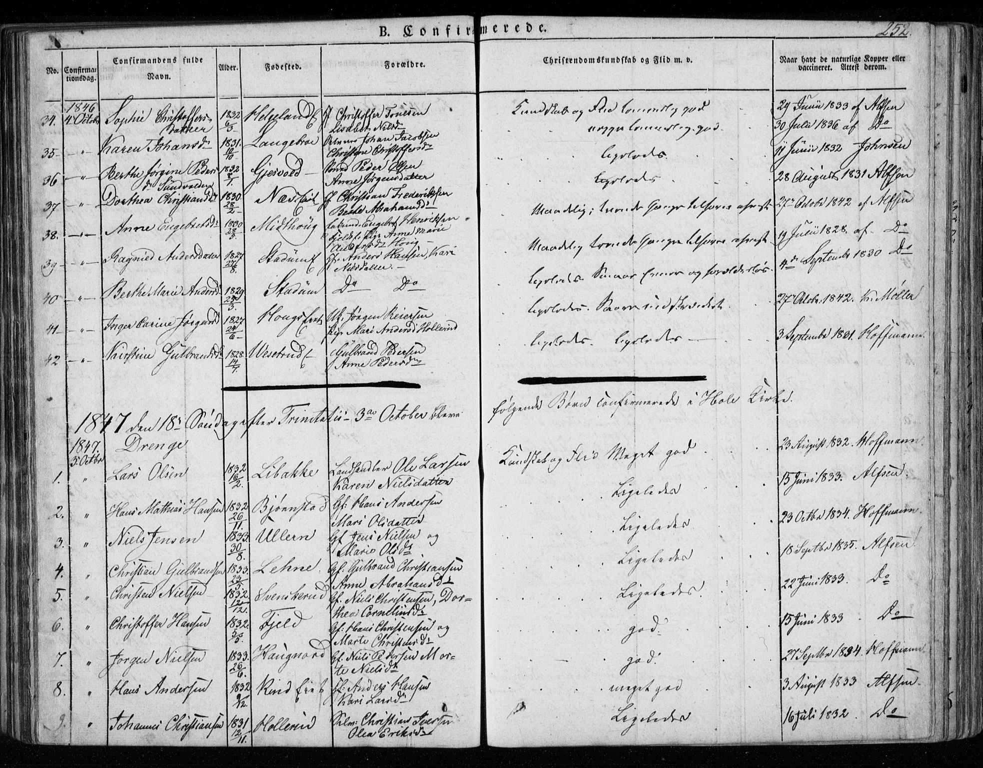 Hole kirkebøker, SAKO/A-228/F/Fa/L0005: Parish register (official) no. I 5, 1833-1851, p. 252