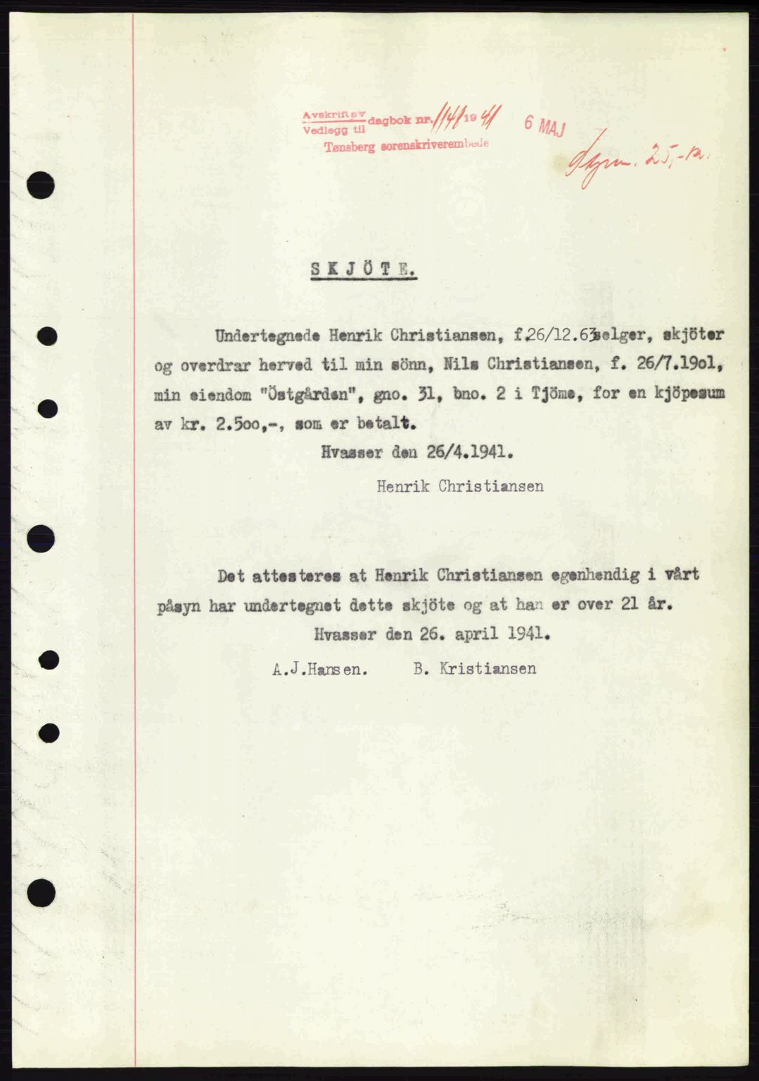 Tønsberg sorenskriveri, AV/SAKO-A-130/G/Ga/Gaa/L0010: Mortgage book no. A10, 1941-1941, Diary no: : 1148/1941