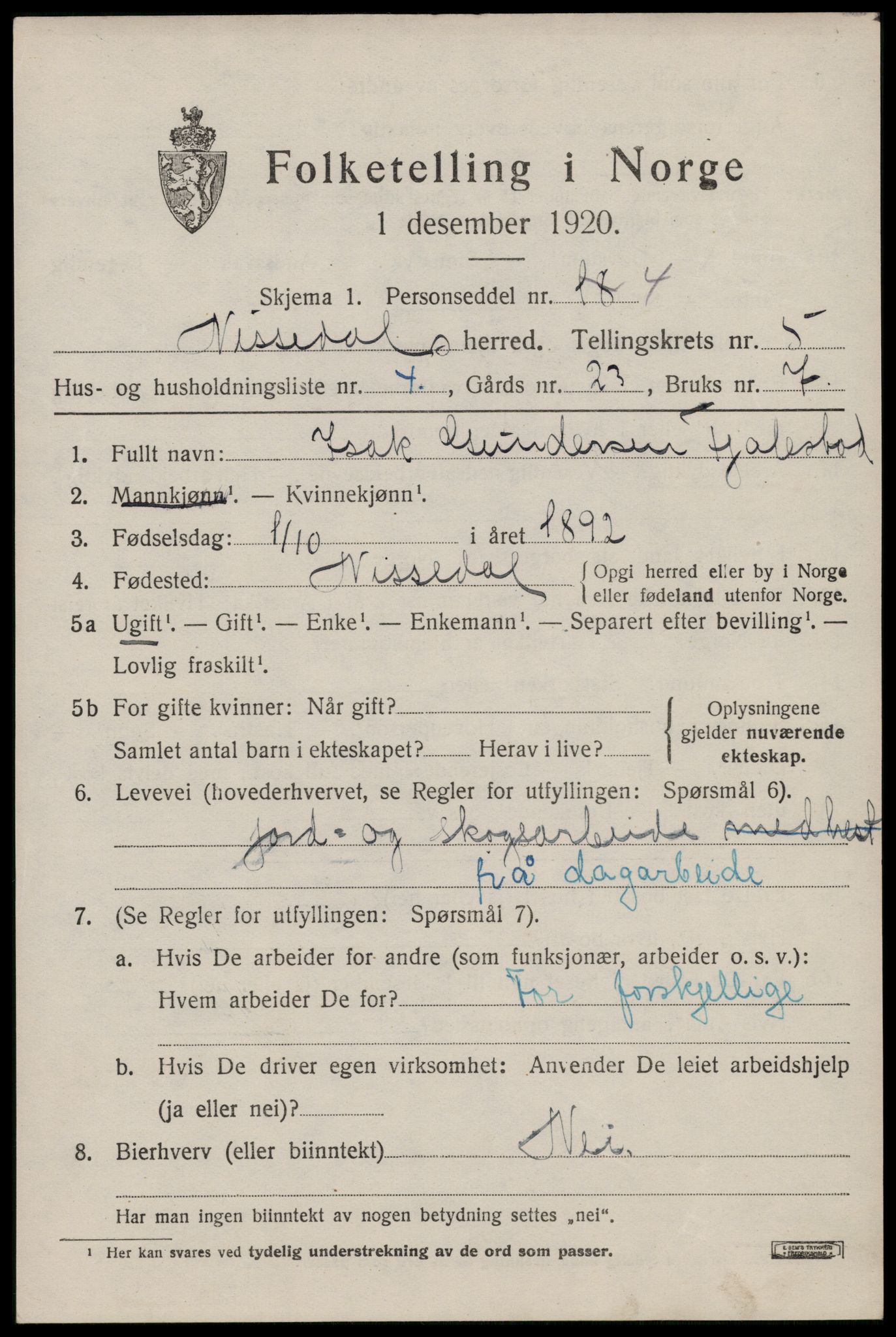 SAKO, 1920 census for Nissedal, 1920, p. 2065