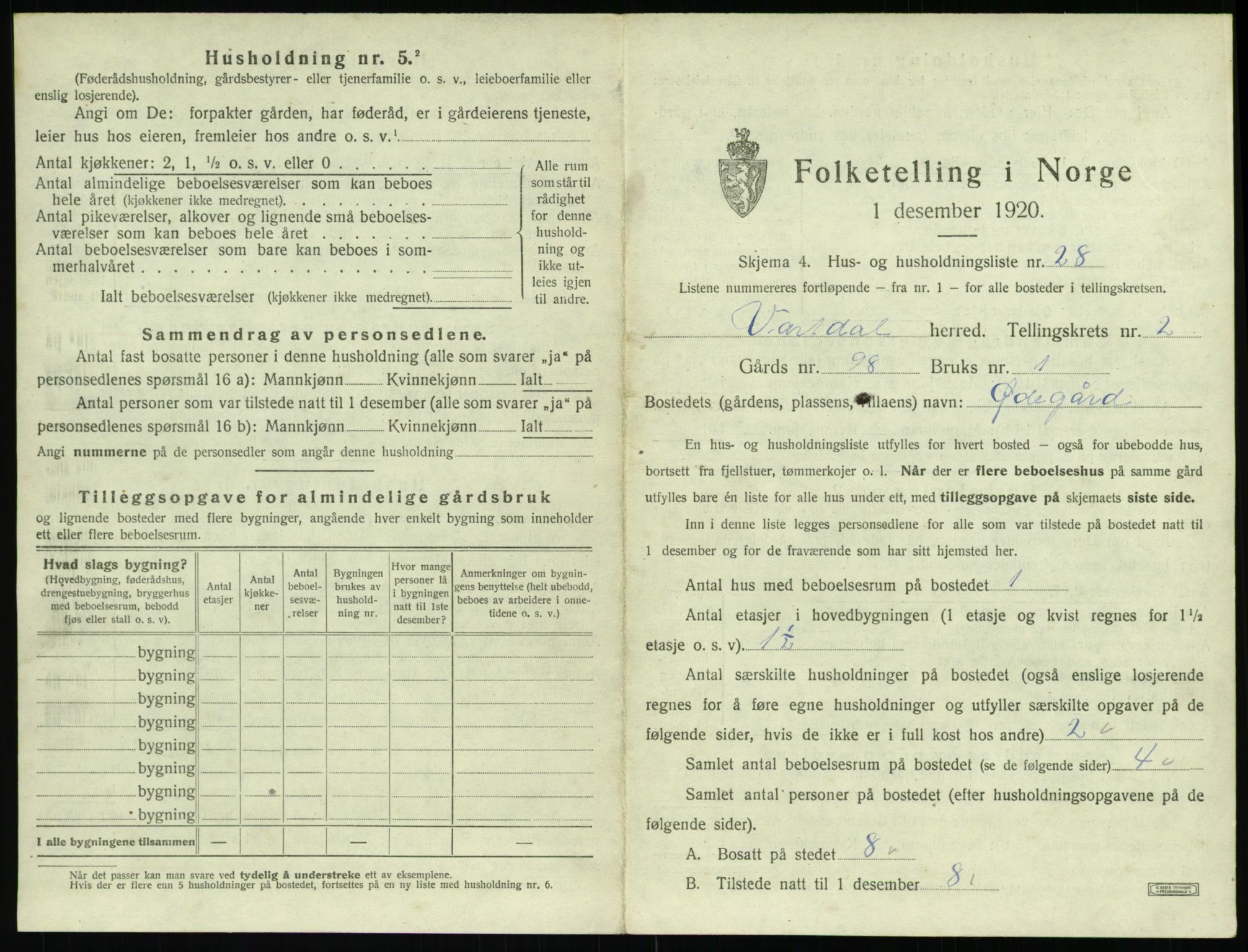 SAT, 1920 census for Vartdal, 1920, p. 145