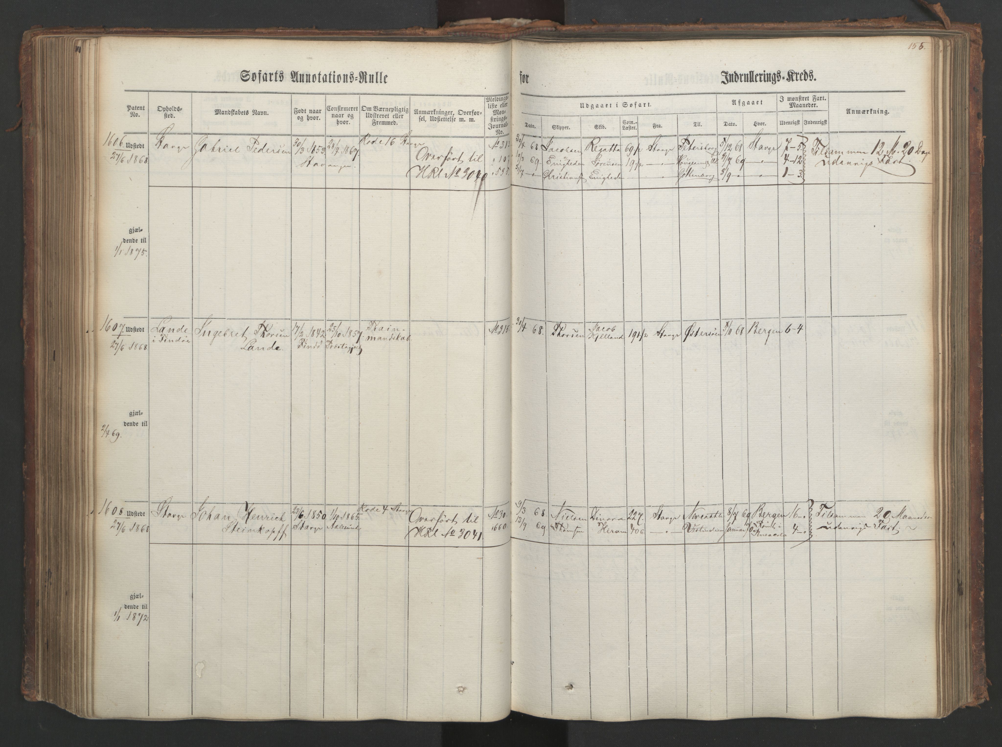 Stavanger sjømannskontor, SAST/A-102006/F/Ff/L0003: Annotasjonsrulle, patentnr. 1144-1761, 1866, p. 186