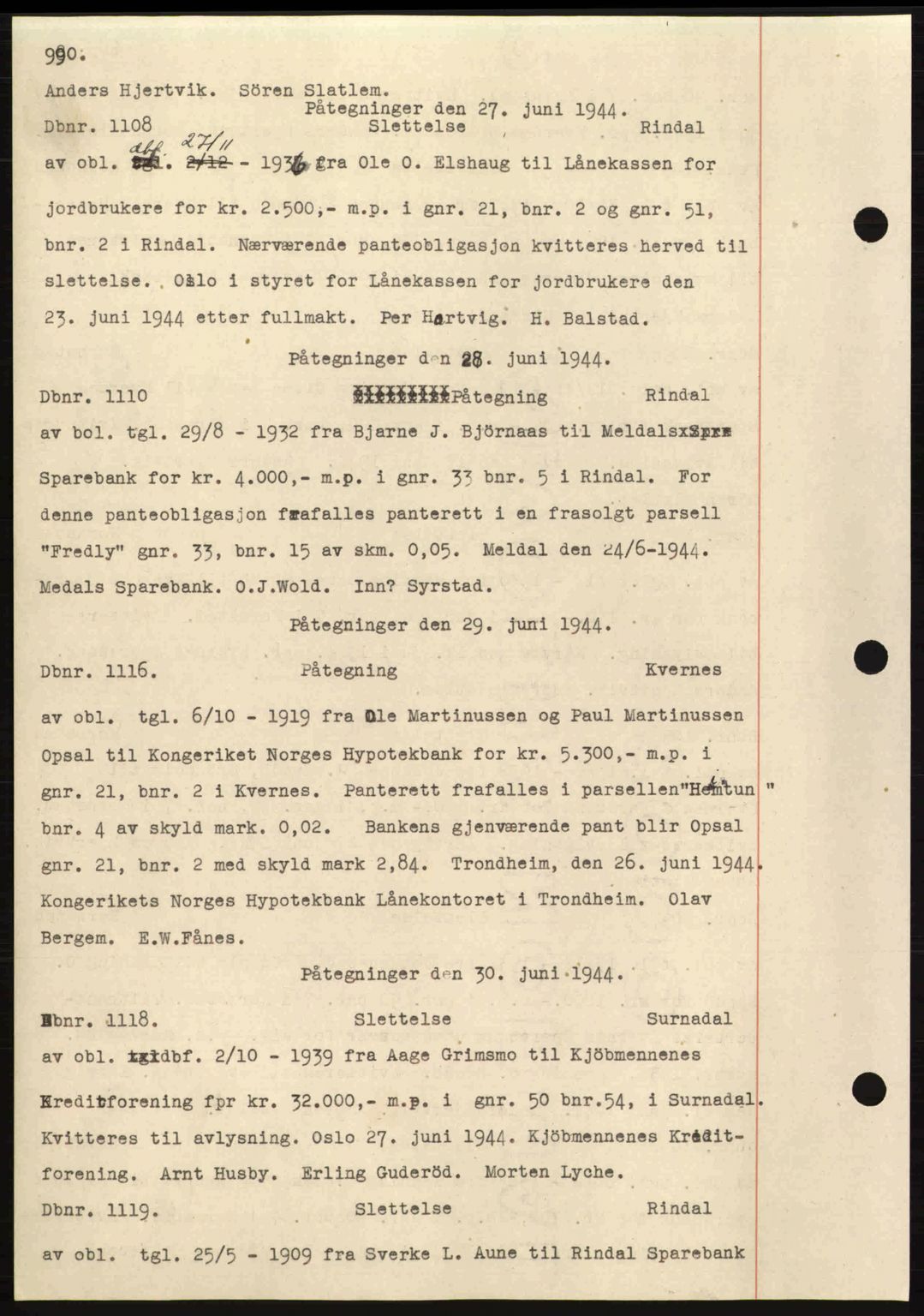 Nordmøre sorenskriveri, AV/SAT-A-4132/1/2/2Ca: Mortgage book no. C81, 1940-1945, Diary no: : 1110/1944