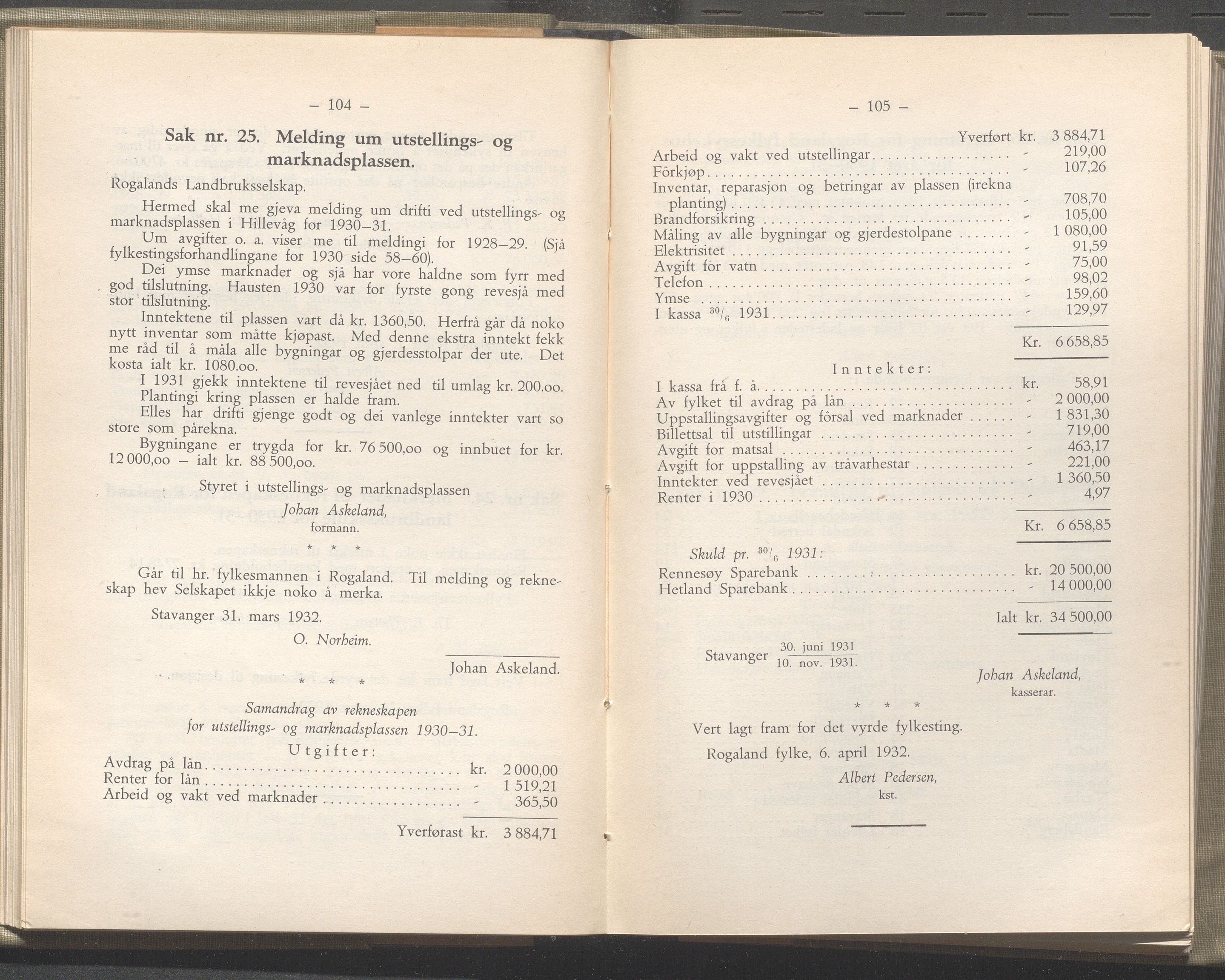 Rogaland fylkeskommune - Fylkesrådmannen , IKAR/A-900/A/Aa/Aaa/L0051: Møtebok , 1932, p. 104-105