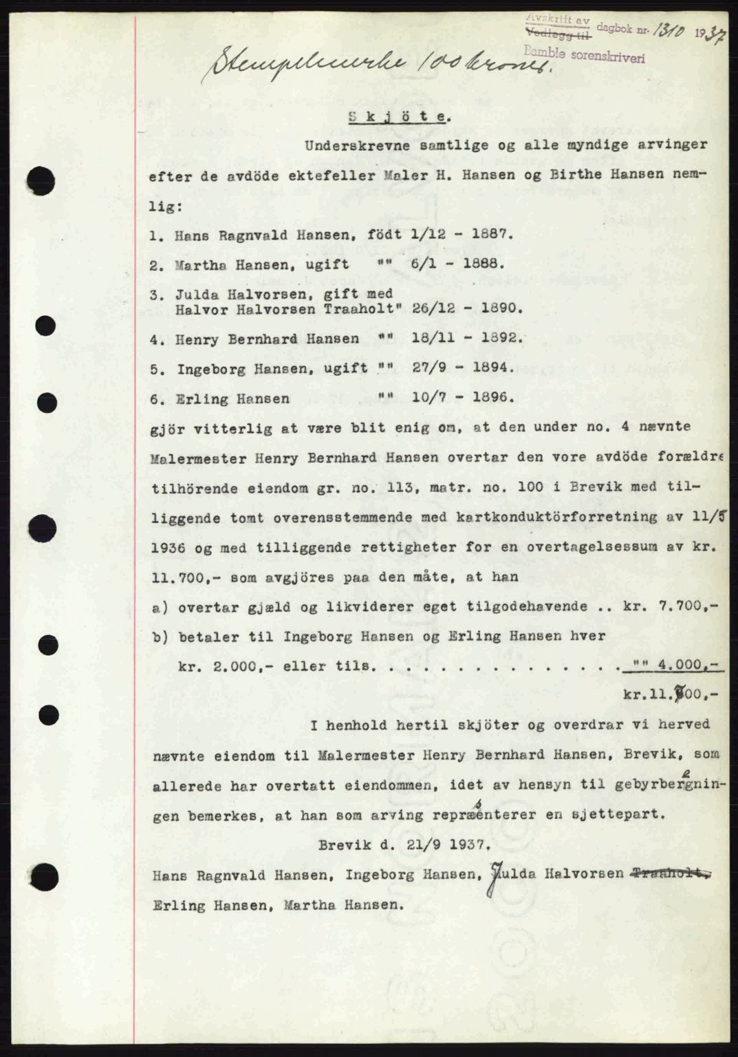 Bamble sorenskriveri, AV/SAKO-A-214/G/Ga/Gag/L0002: Mortgage book no. A-2, 1937-1938, Diary no: : 1310/1937