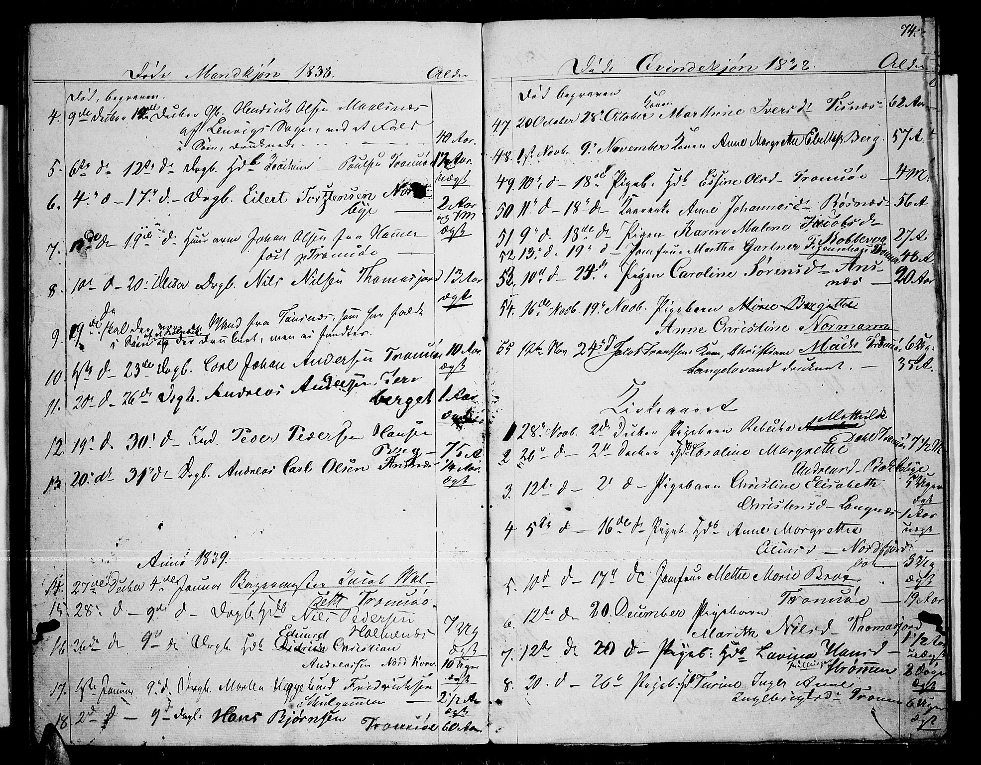 Tromsø sokneprestkontor/stiftsprosti/domprosti, SATØ/S-1343/G/Gb/L0004klokker: Parish register (copy) no. 4, 1836-1840, p. 74